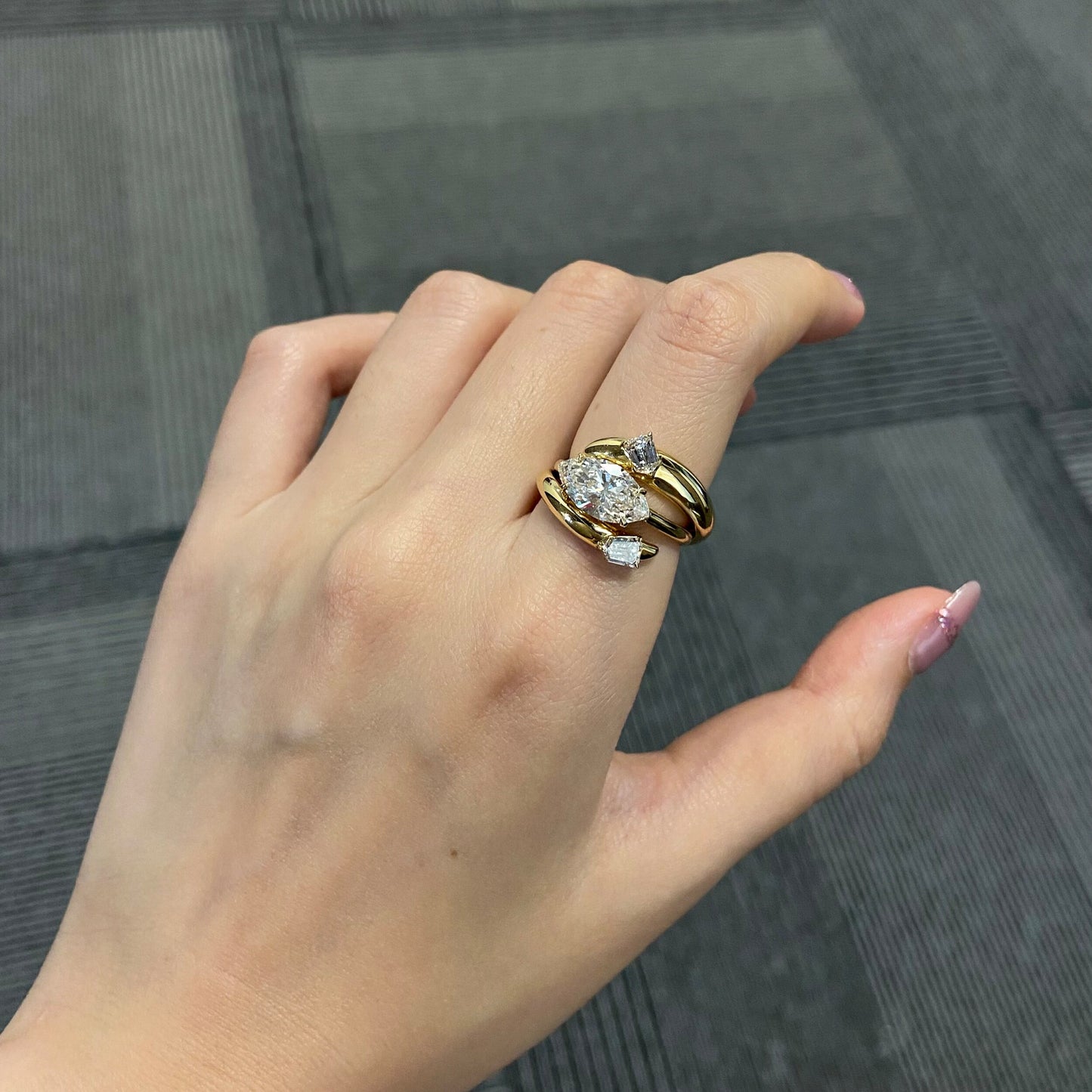 Marquise cut CVD diamond engagement ring in unique setting