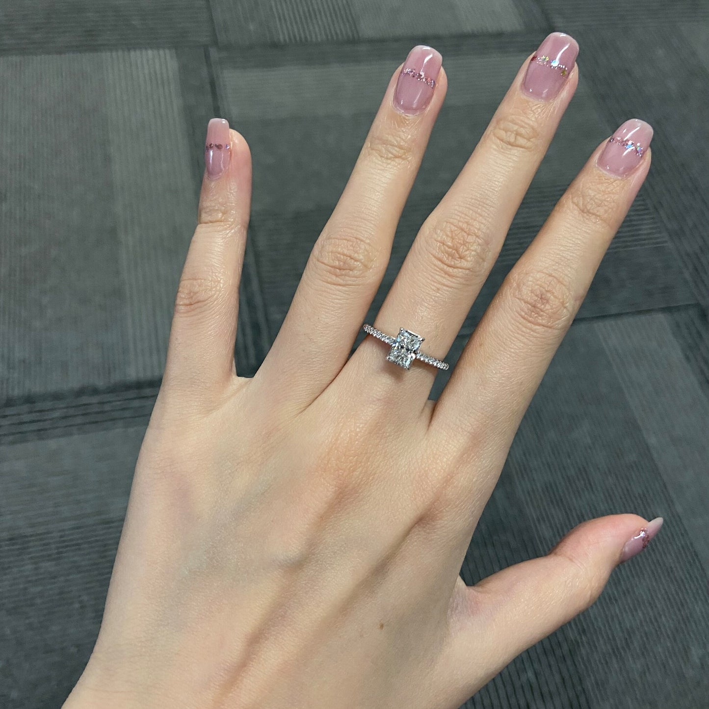 Radiant cut CVD diamond pave setting engagement ring