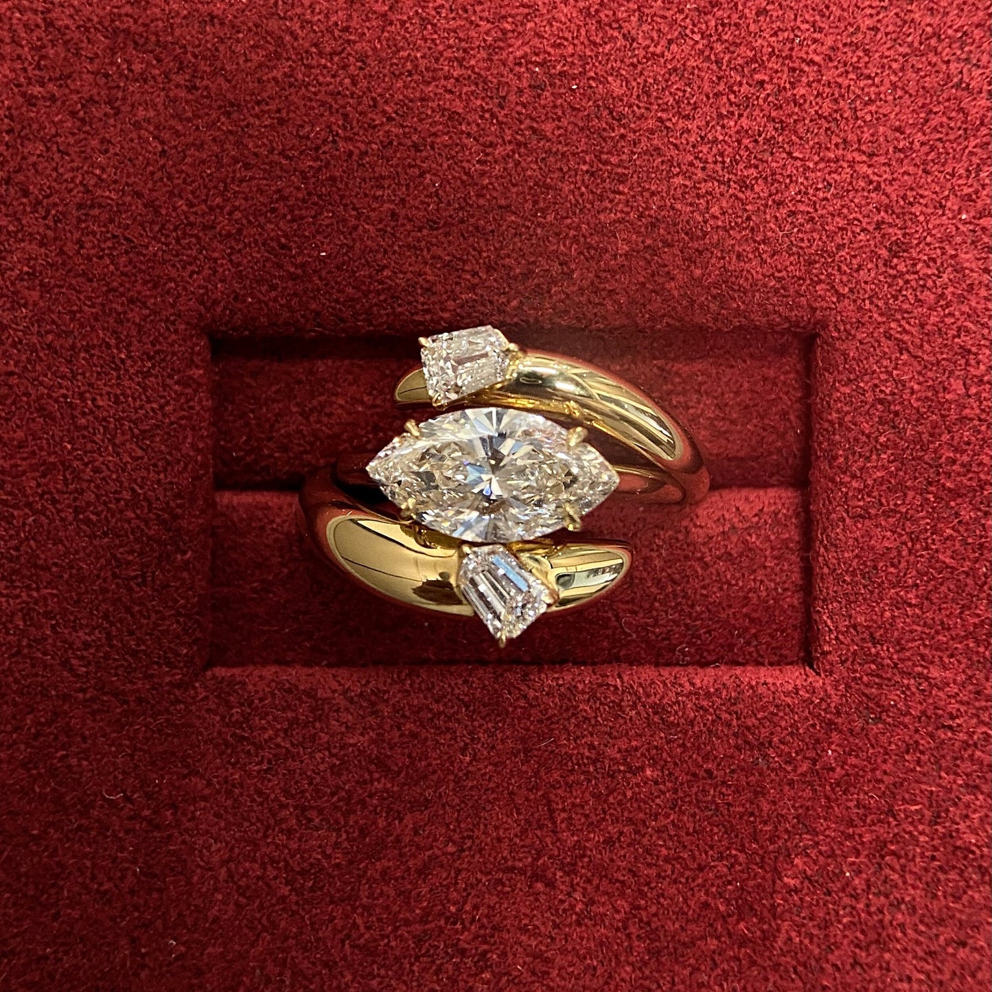 Marquise cut CVD diamond engagement ring in unique setting