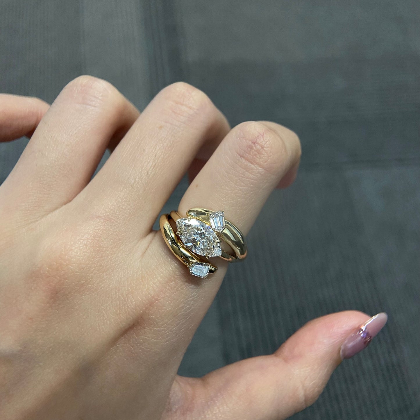 Marquise cut CVD diamond engagement ring in unique setting