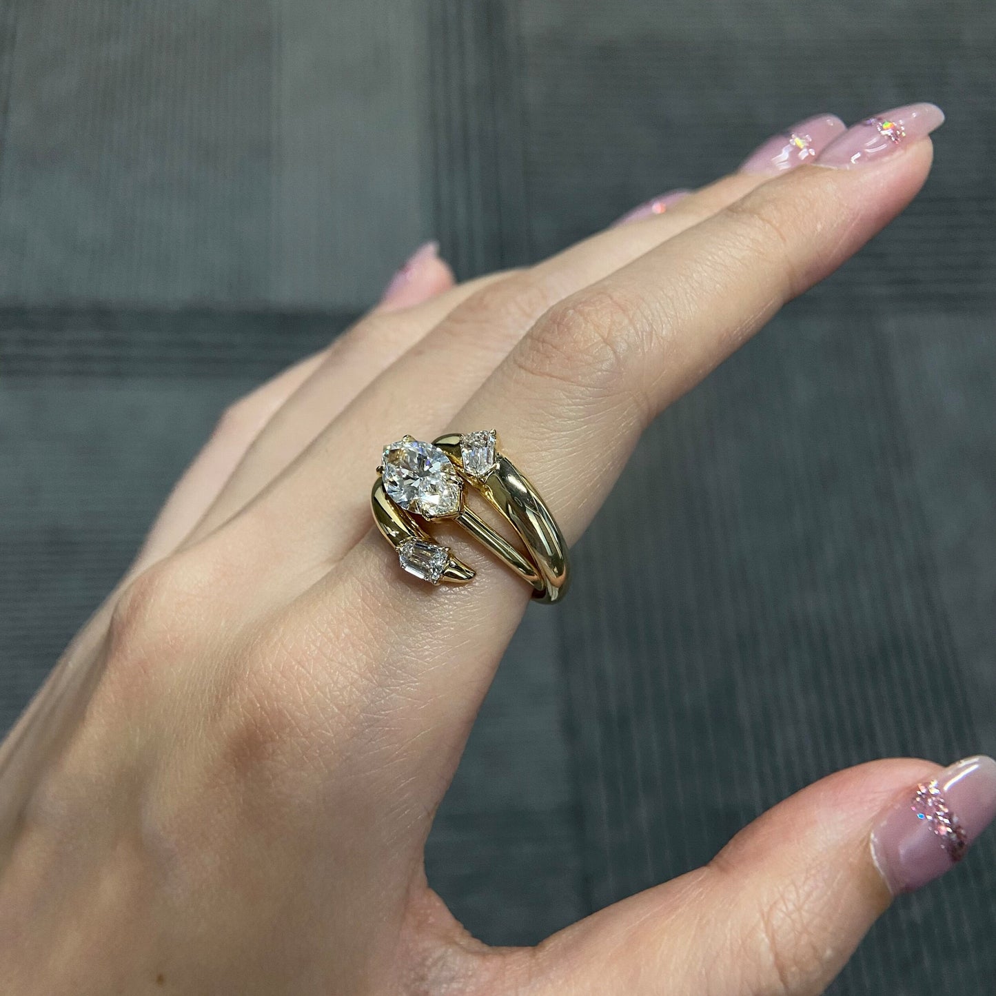 Marquise cut CVD diamond engagement ring in unique setting