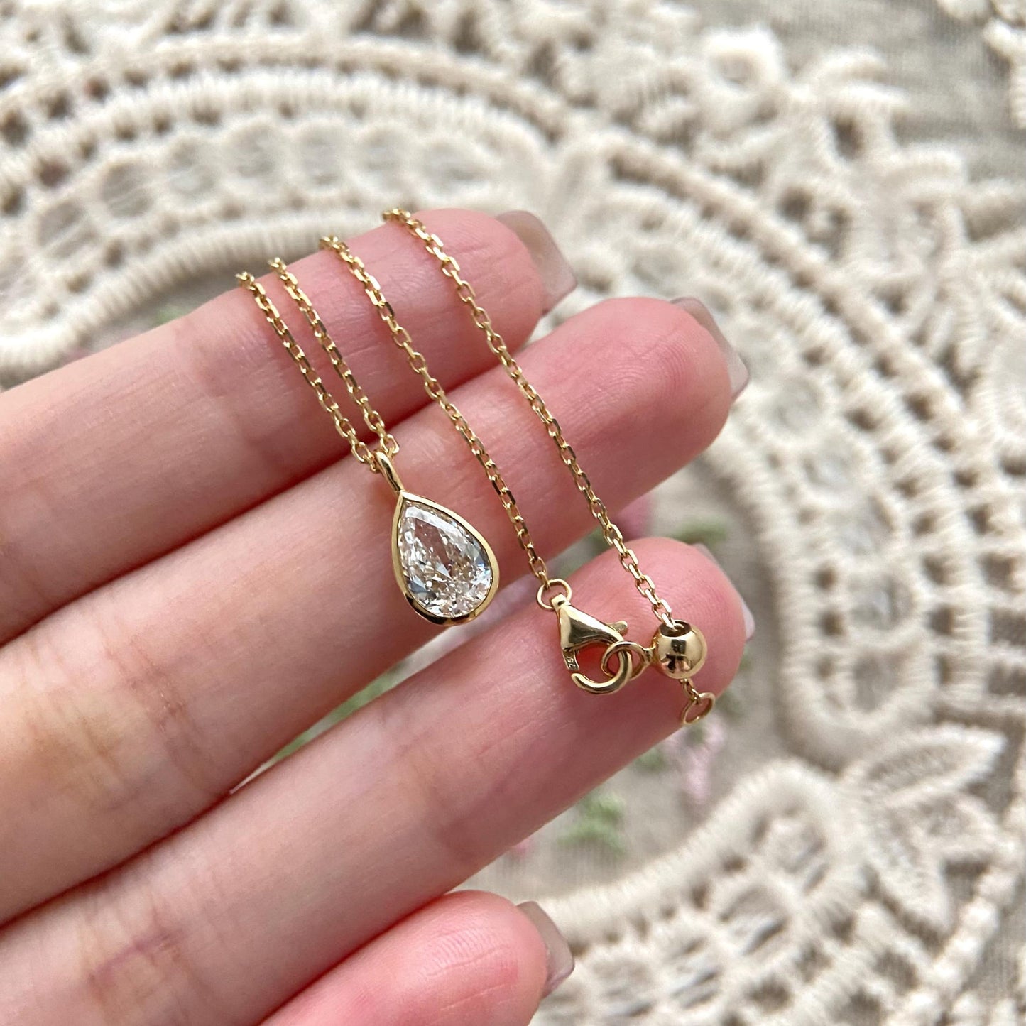 Bezel Necklace with 1.0 TCW Pear Cut Moissanite
