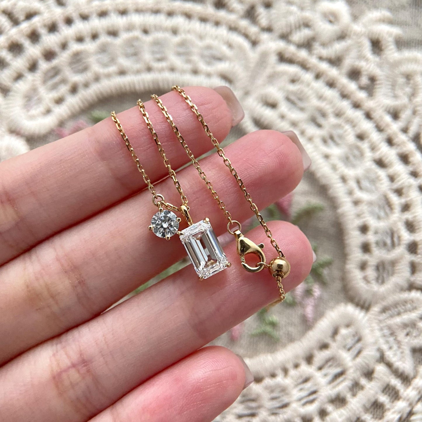 Two Stone Necklace with 2.0 TCW Emerald Cut Moissanite