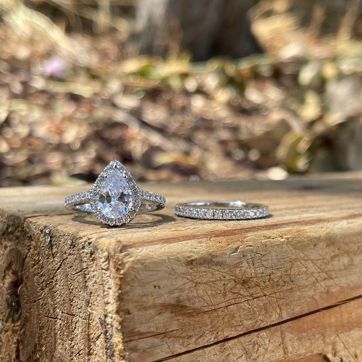Pave Setting Bridal Ring Set with 2.0 CT Pear Cut Moissanite