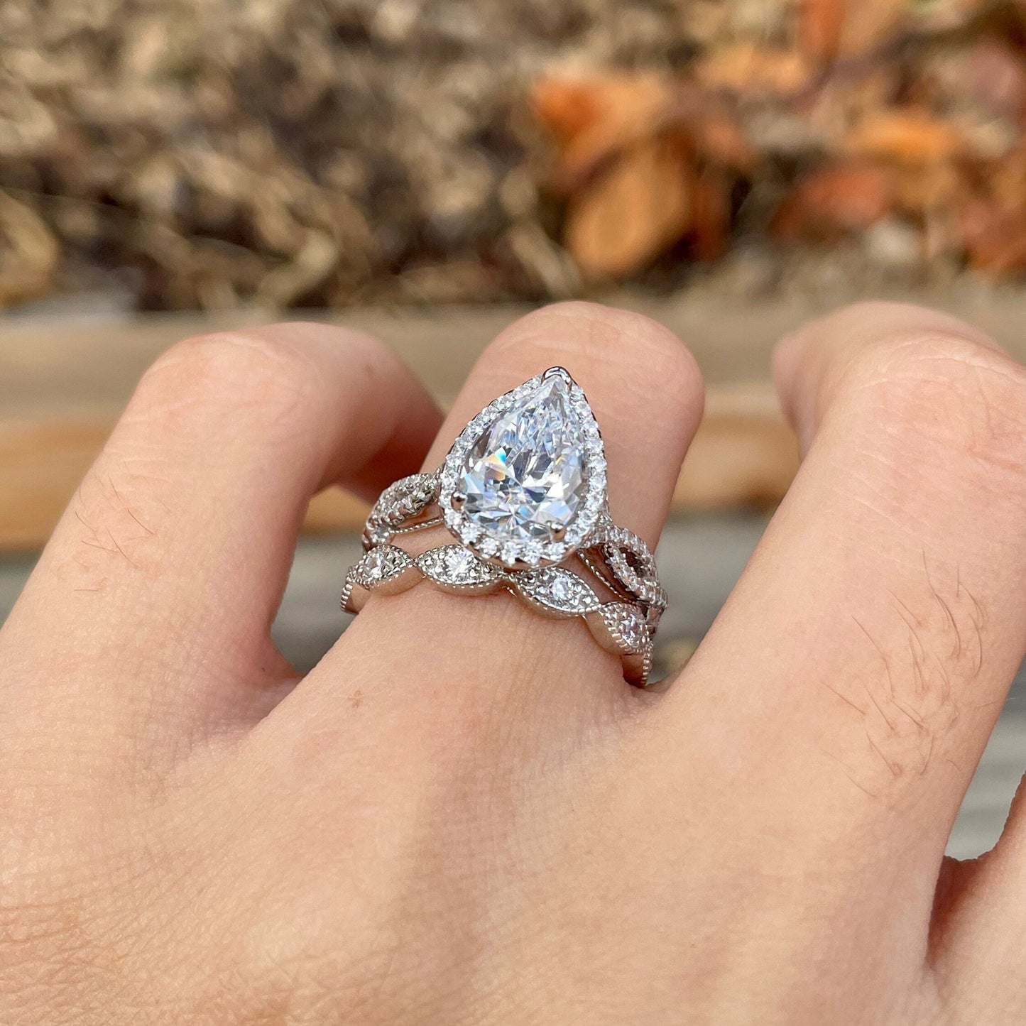 Halo Bridal Ring Set with 3.25 CT Pear Cut Moissanite