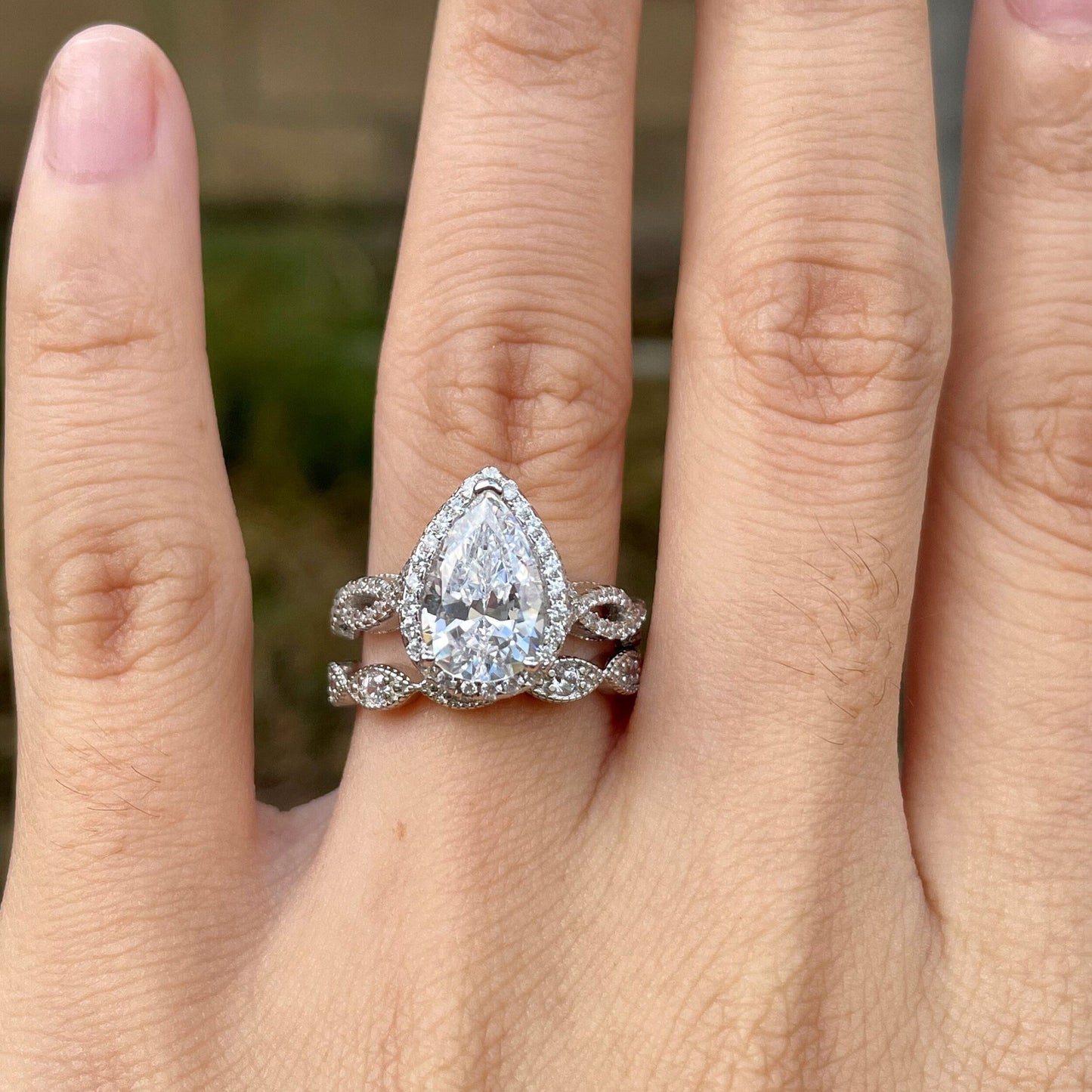 Halo Bridal Ring Set with 3.25 CT Pear Cut Moissanite