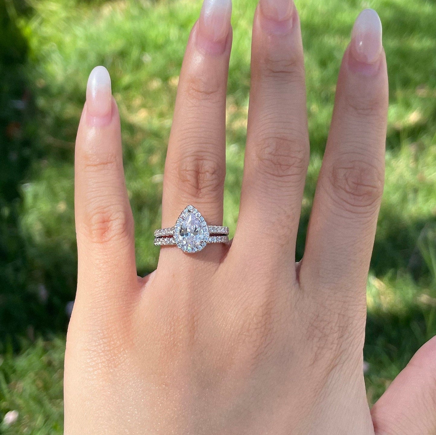 Pave Setting Bridal Ring Set with 2.0 CT Pear Cut Moissanite