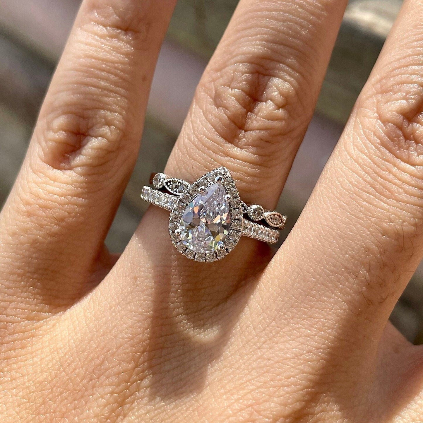 Halo Bridal Ring Set with 2.0 CT Pear Cut Moissanite