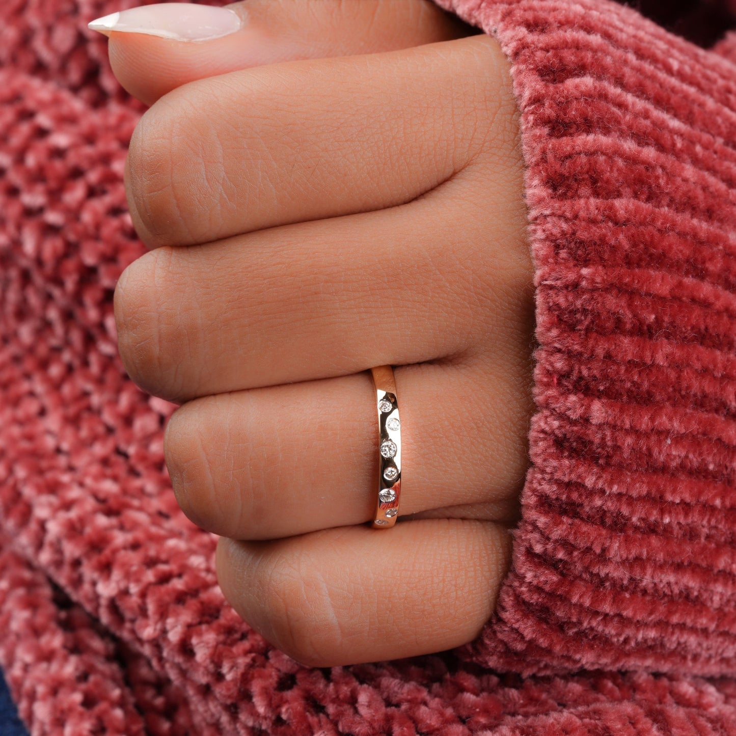 Flush Setting Wedding Band with 0.12 TCW Round Cut Moissanite