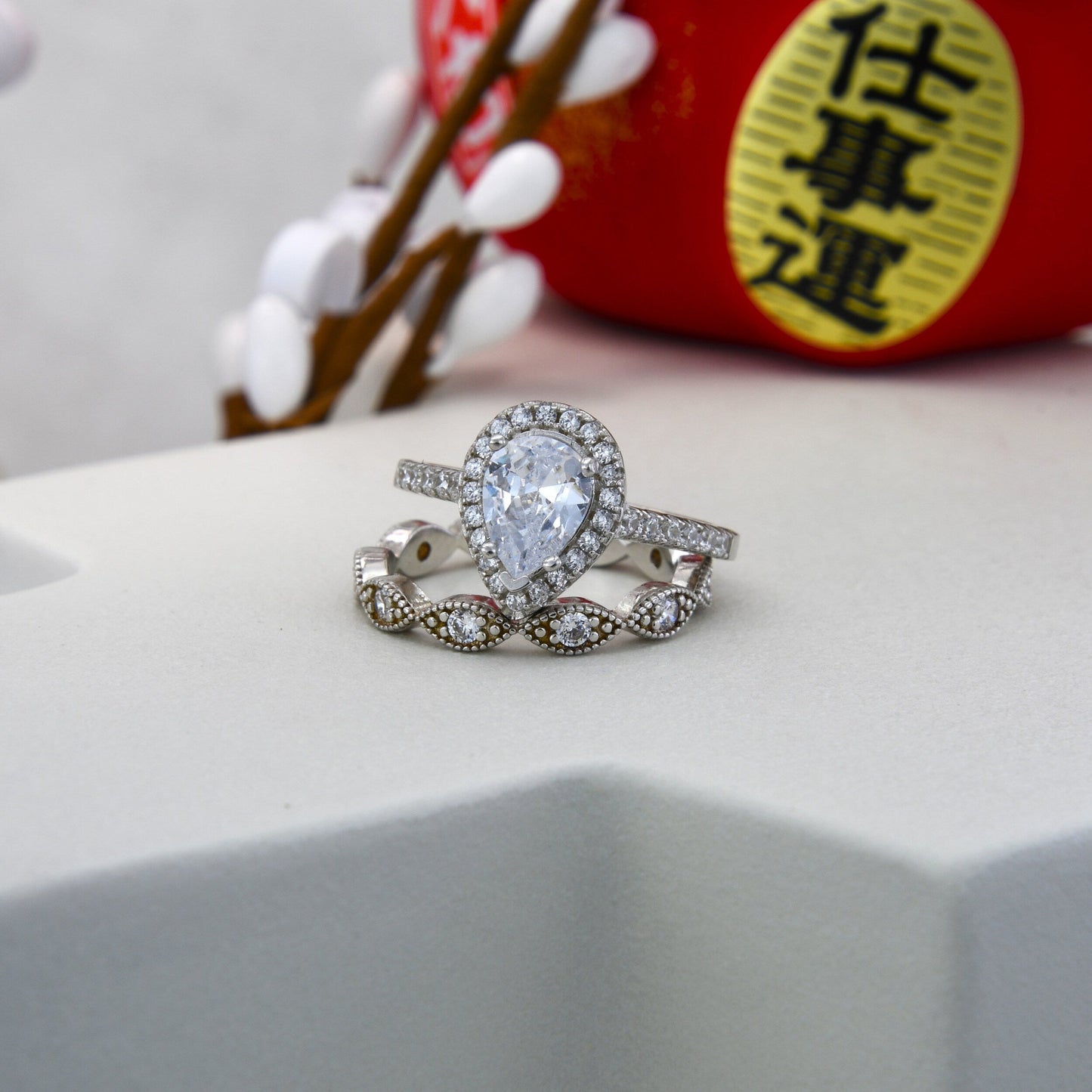 Halo Bridal Ring Set with 1.0 CT Pear Cut Moissanite