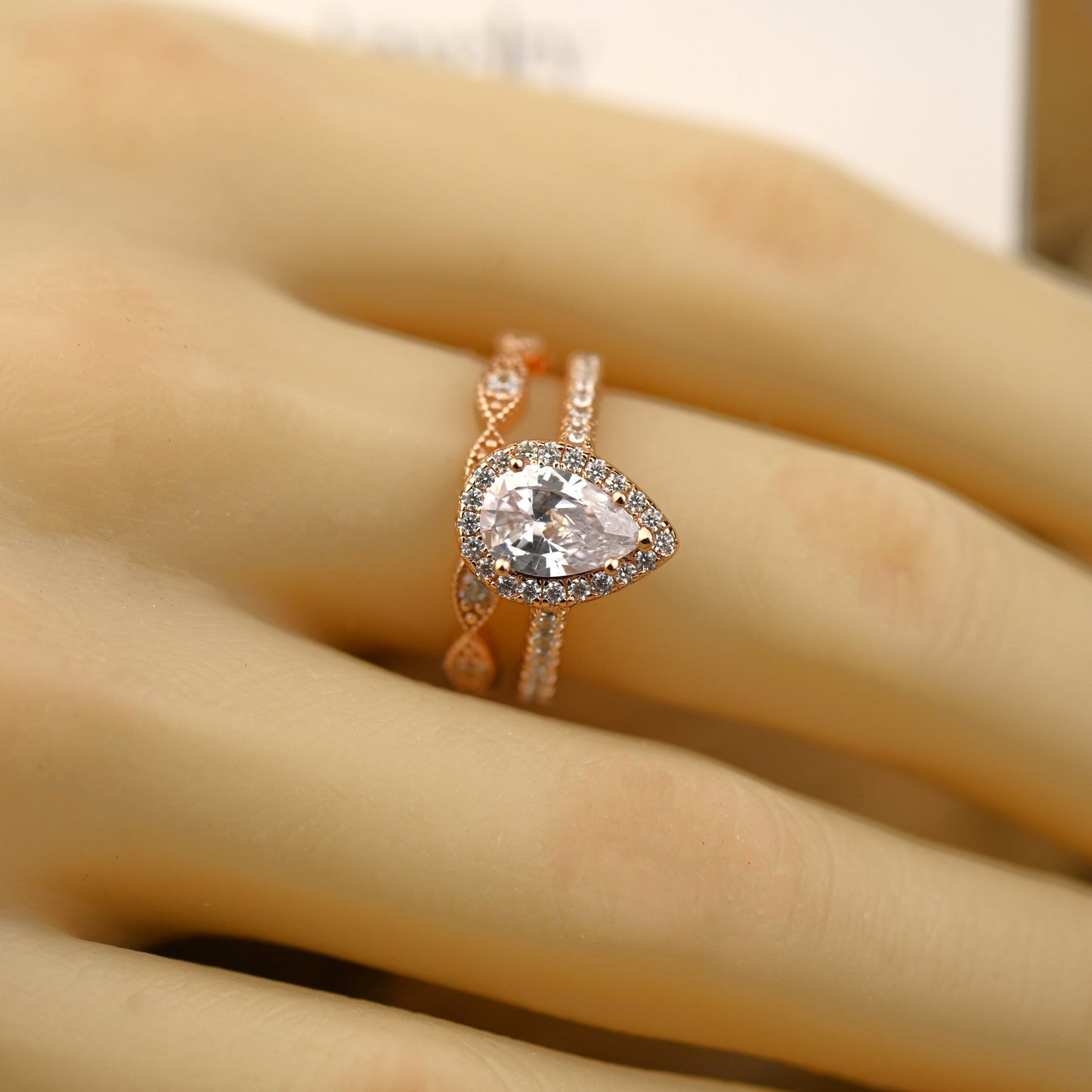 Halo Bridal Ring Set with 1.0 CT Pear Cut Moissanite