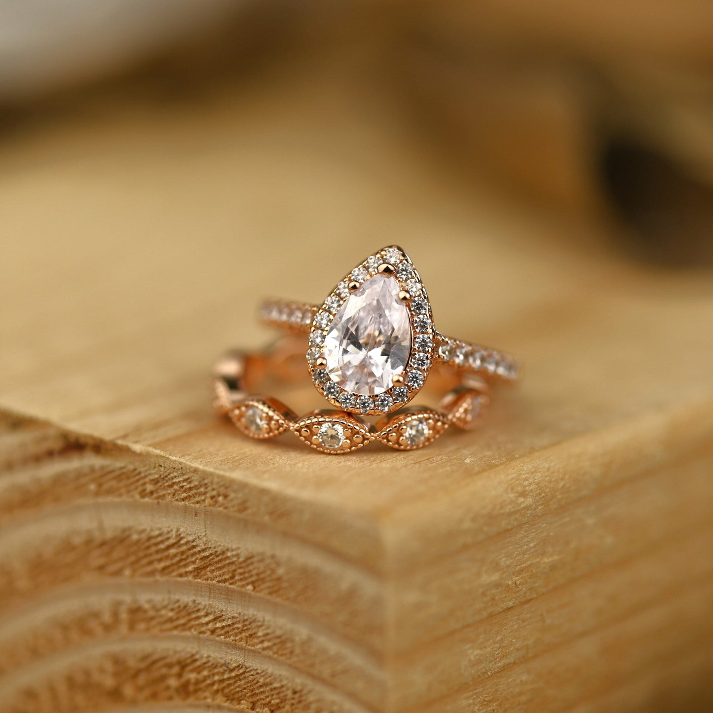 Halo Bridal Ring Set with 1.0 CT Pear Cut Moissanite