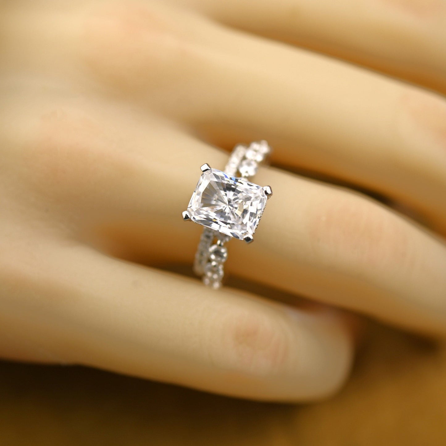 Pave Setting Bridal Ring Set with 3.0 CT Radiant Cut Moissanite