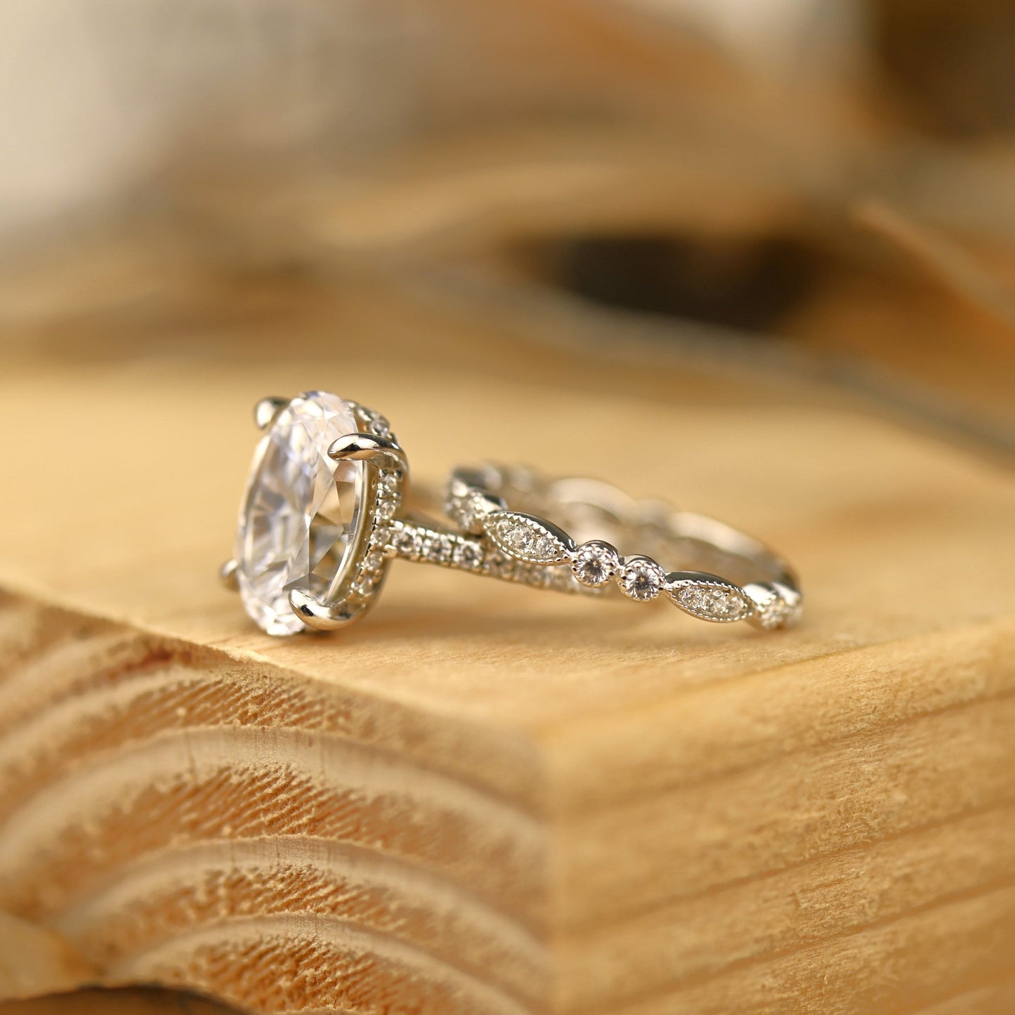 Pave Setting Bridal Ring Set with 2.0 CT Oval Cut Moissanite