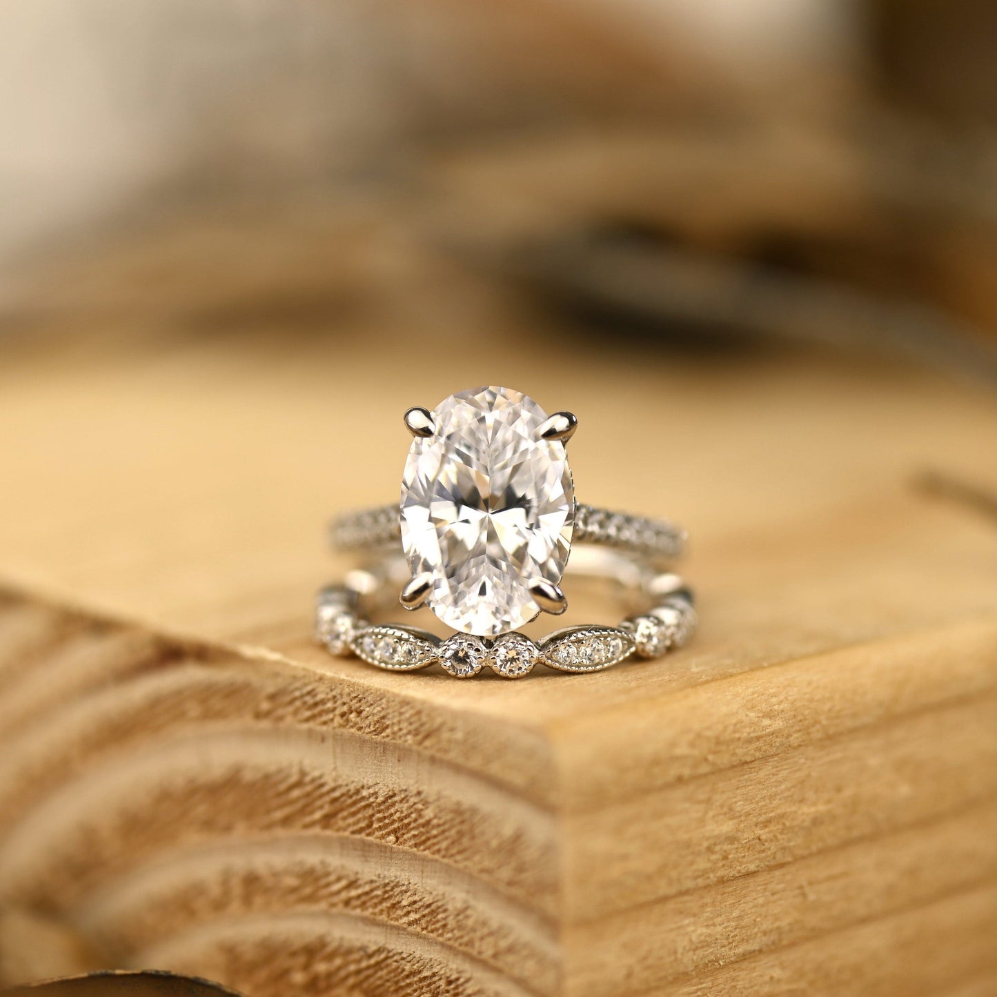 Pave Setting Bridal Ring Set with 2.0 CT Oval Cut Moissanite