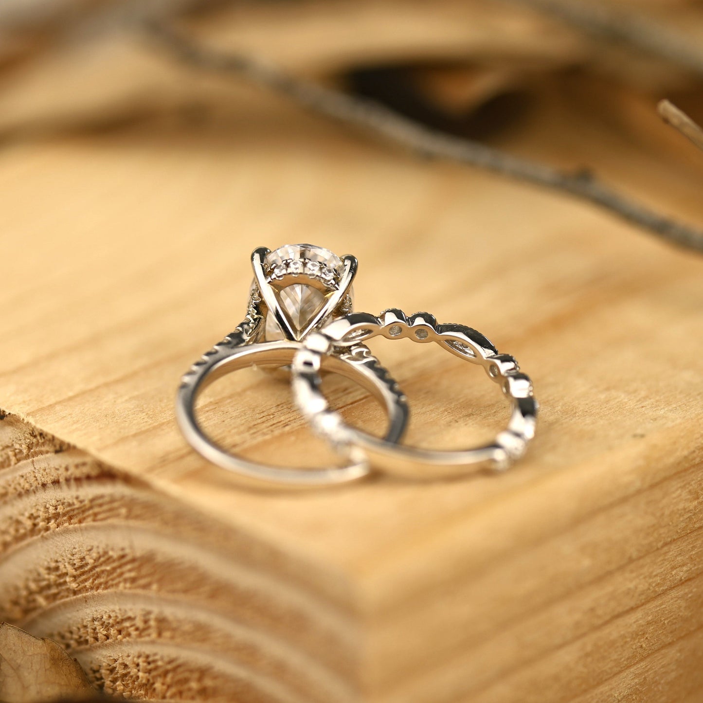 Pave Setting Bridal Ring Set with 2.0 CT Oval Cut Moissanite