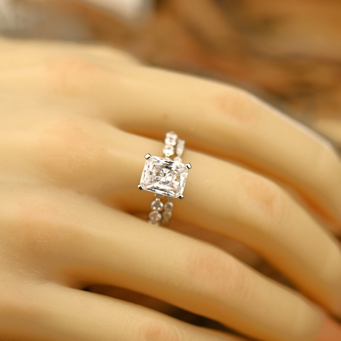 Pave Setting Bridal Ring Set with 1.50 CT Radiant Cut Moissanite