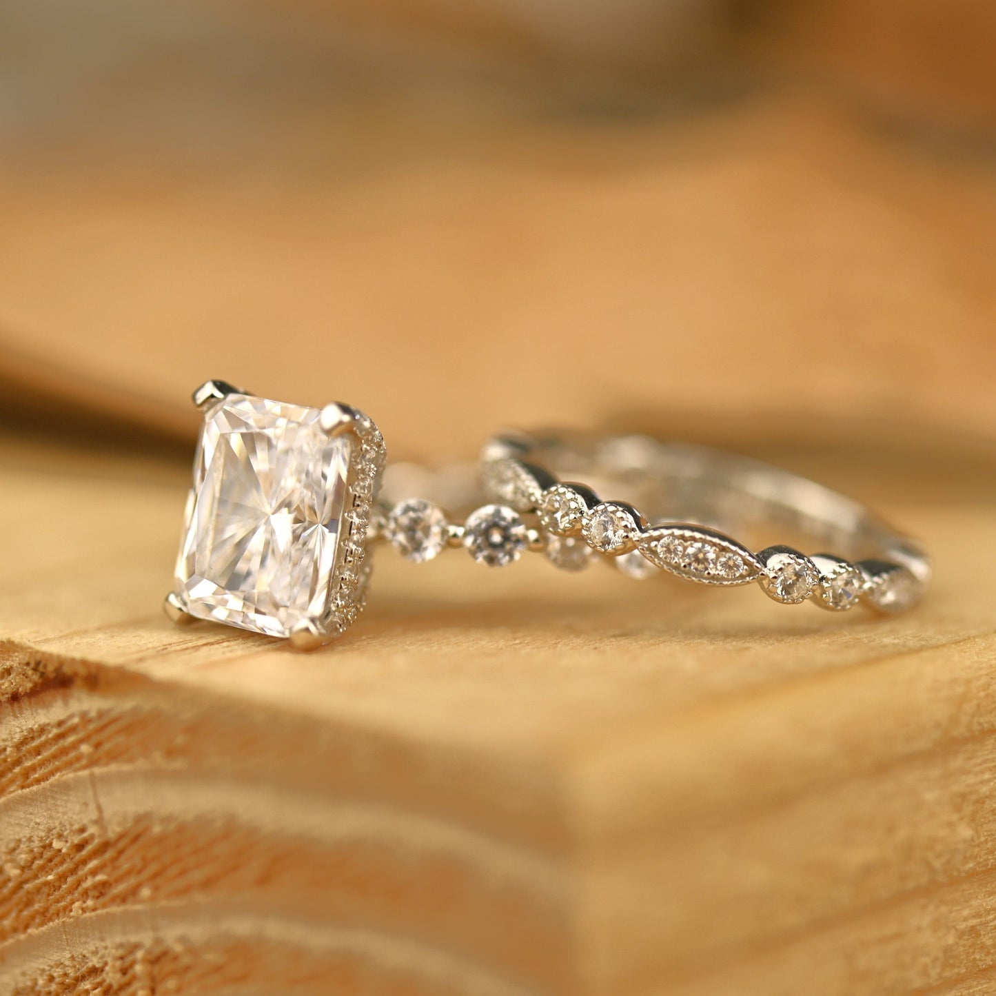 Pave Setting Bridal Ring Set with 1.50 CT Radiant Cut Moissanite