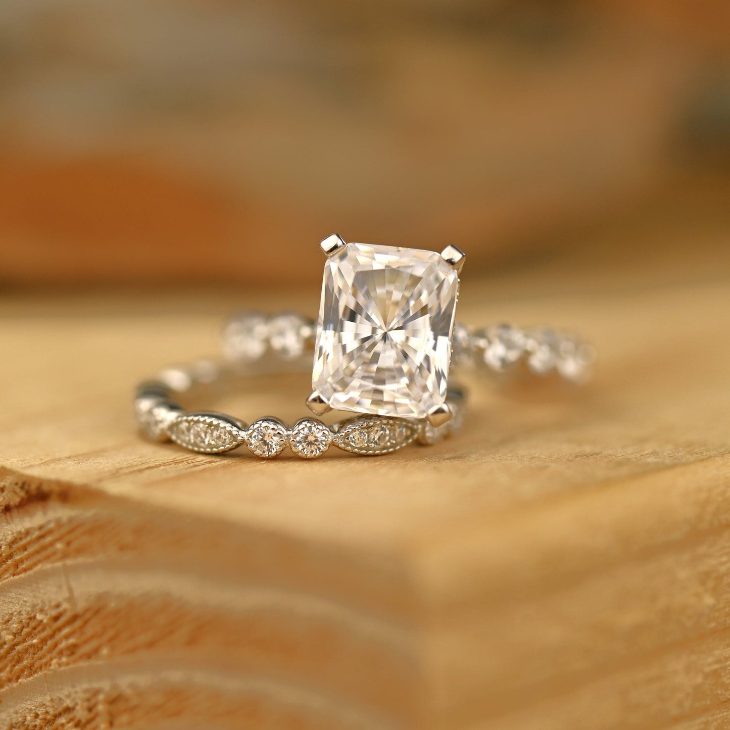 Pave Setting Bridal Ring Set with 1.50 CT Radiant Cut Moissanite