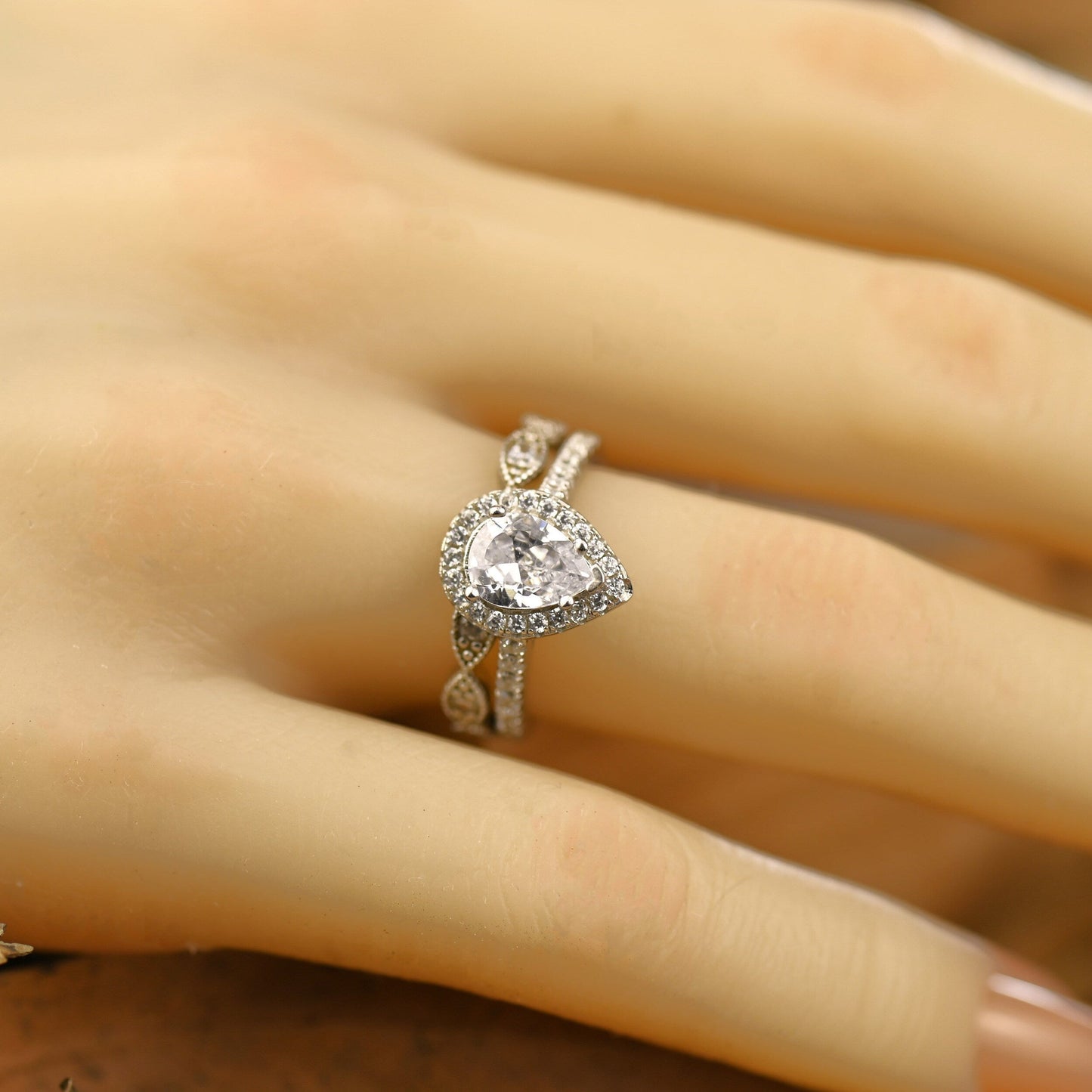 Halo Bridal Ring Set with 1.0 CT Pear Cut Moissanite
