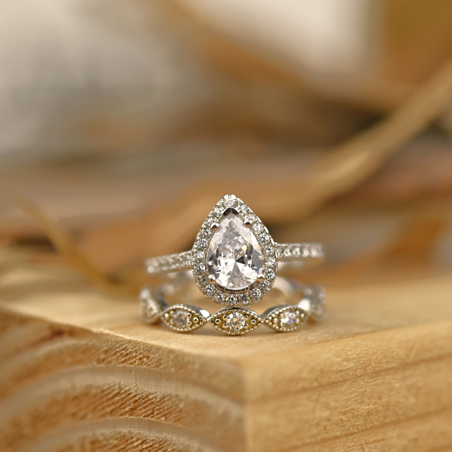 Halo Bridal Ring Set with 1.0 CT Pear Cut Moissanite