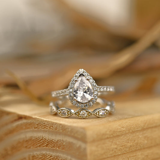 Halo Bridal Ring Set with 1.0 CT Pear Cut Moissanite