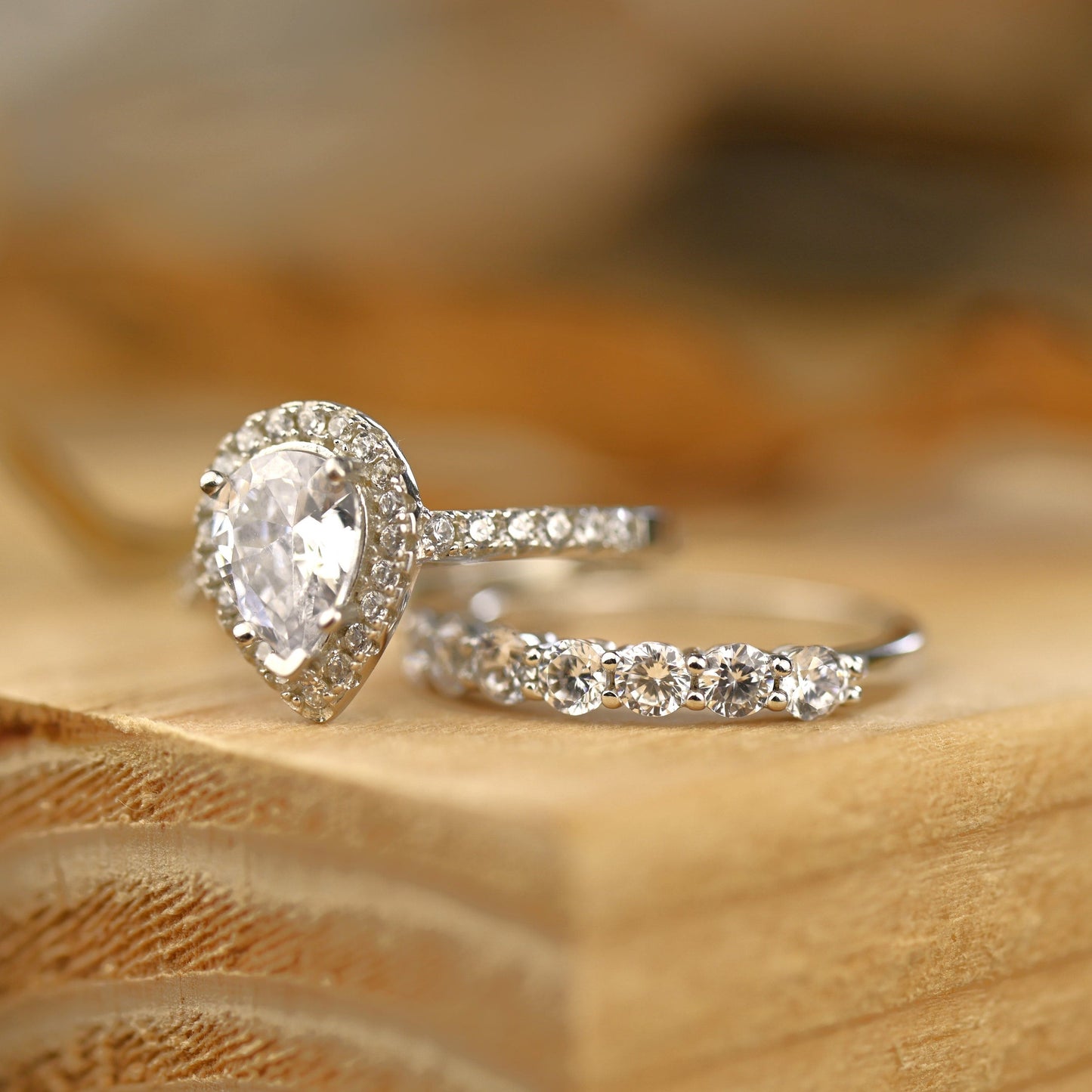 Halo Bridal Ring Set with 1.0 CT Pear Cut Moissanite