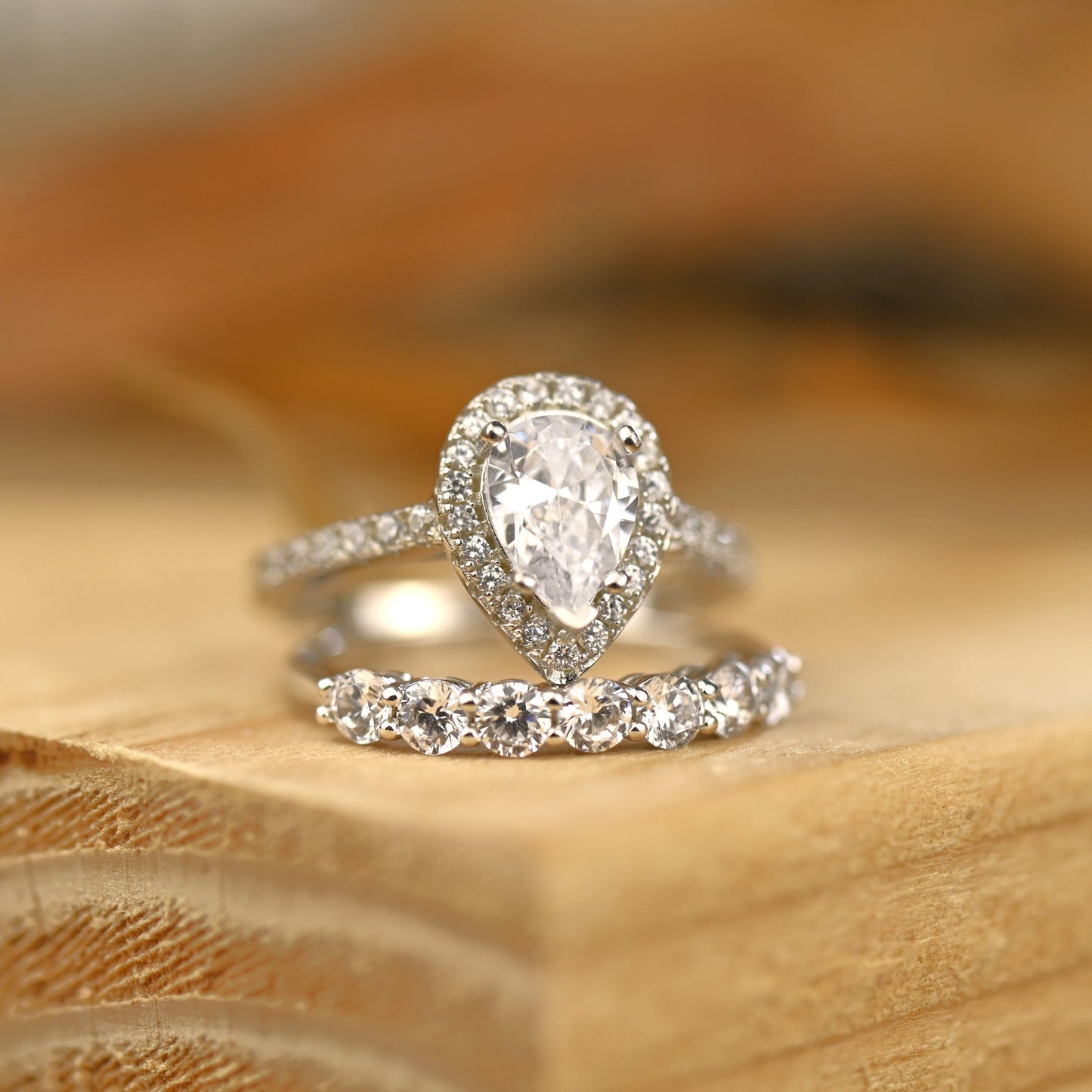 Halo Bridal Ring Set with 1.0 CT Pear Cut Moissanite
