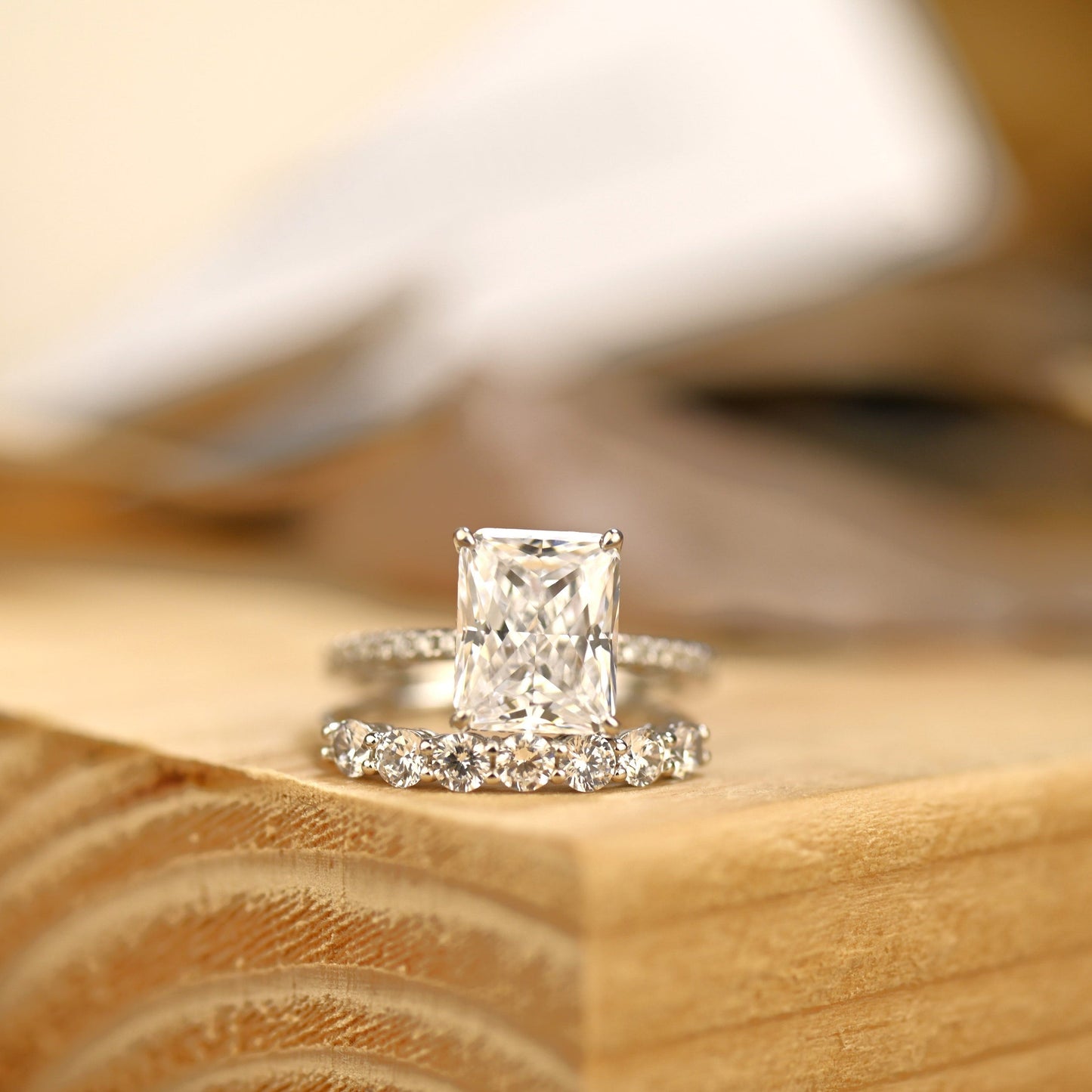 Pave Setting Bridal Ring Set with 2.0 CT Radiant Cut Moissanite