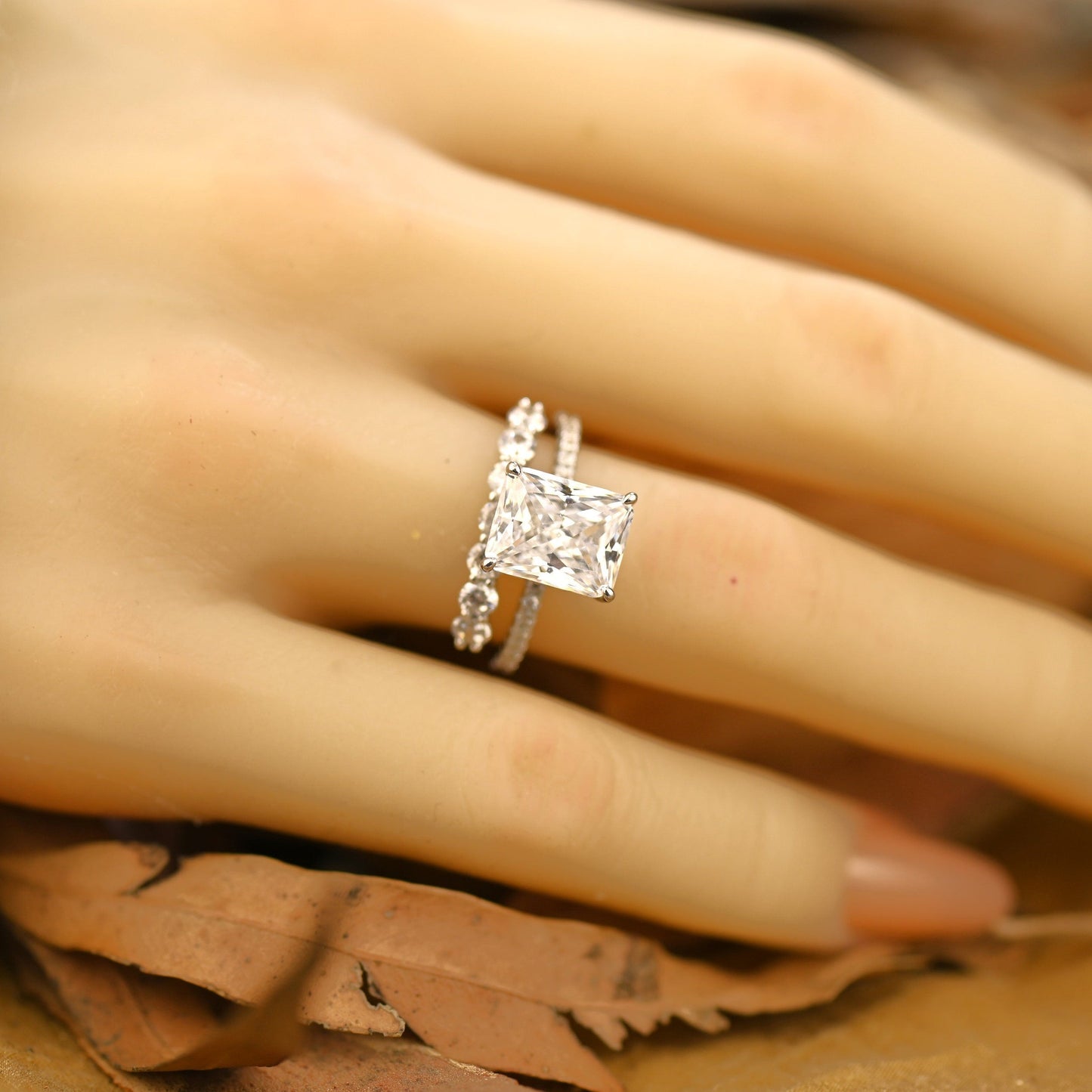 Pave Setting Bridal Ring Set with 2.0 CT Radiant Cut Moissanite