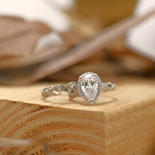Halo Bridal Ring Set with 1.50 CT Pear Cut Moissanite