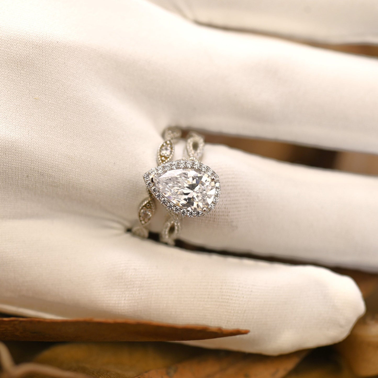 Halo Bridal Ring Set with 1.50 CT Pear Cut Moissanite