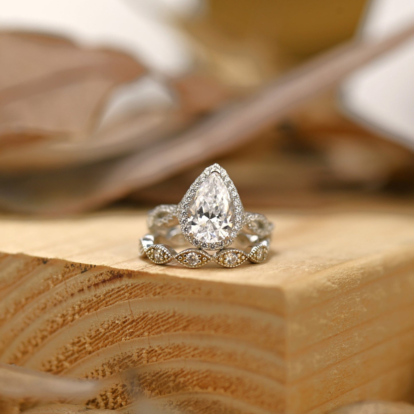 Halo Bridal Ring Set with 1.50 CT Pear Cut Moissanite