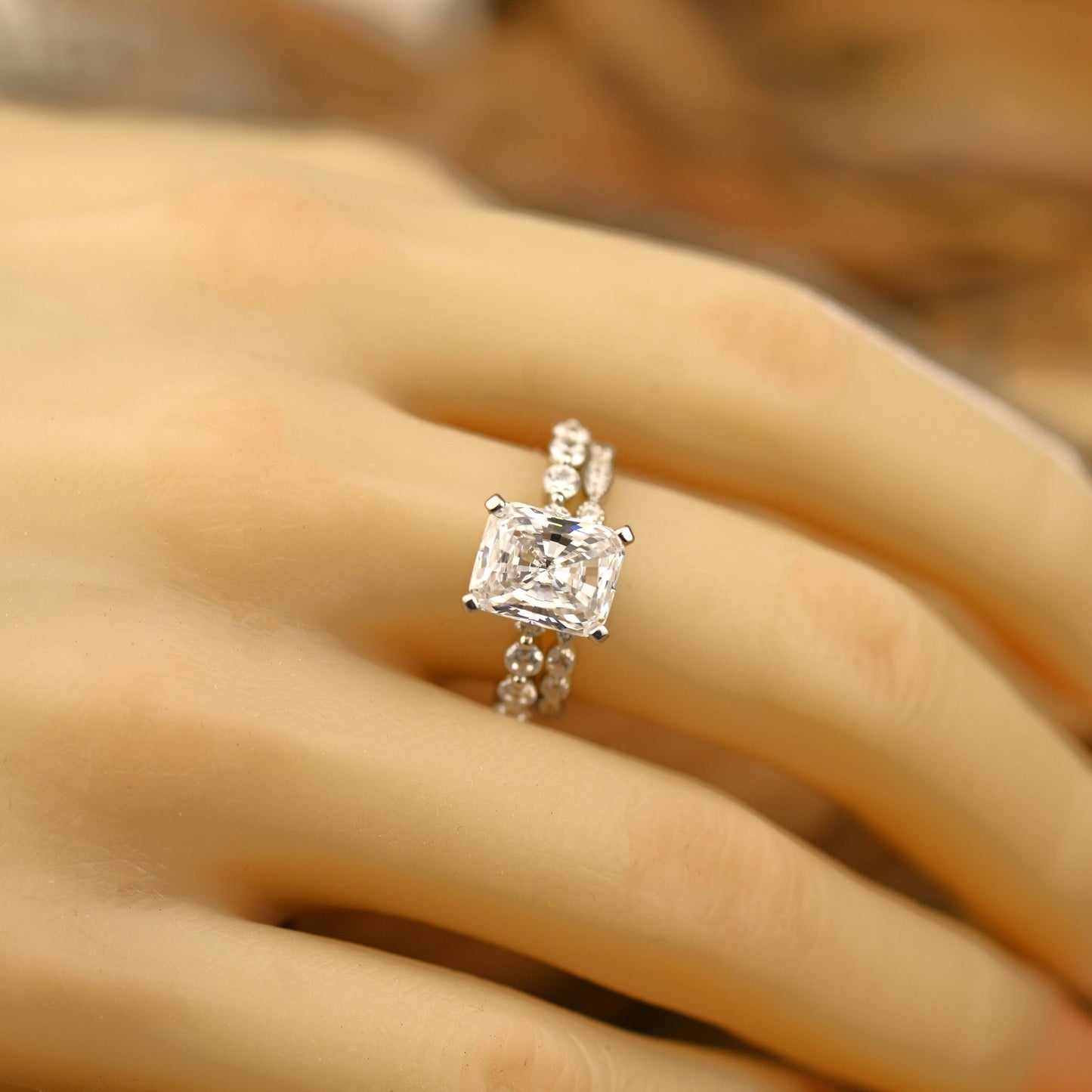 Pave Setting Bridal Ring Set with 1.50 CT Radiant Cut Moissanite