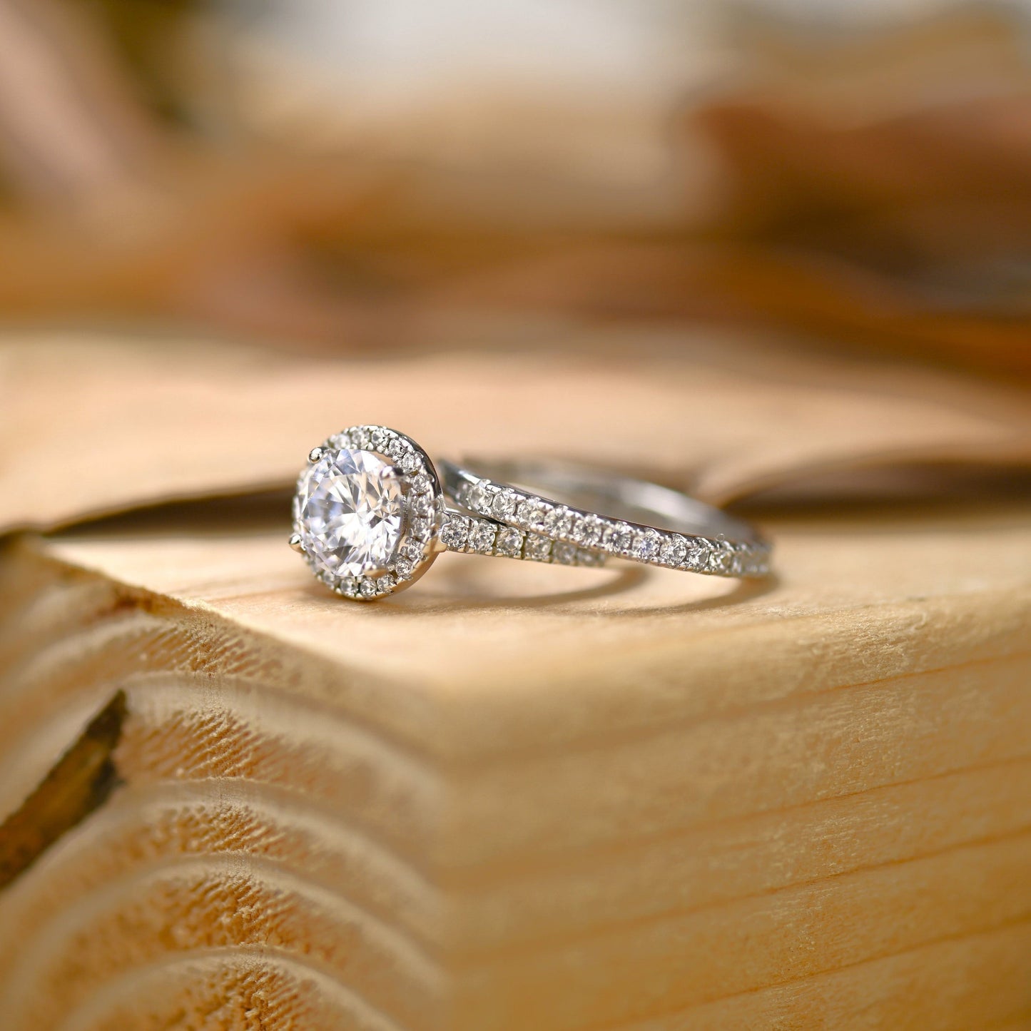 Halo Bridal Ring Set with 1.50 CT Round Cut Moissanite