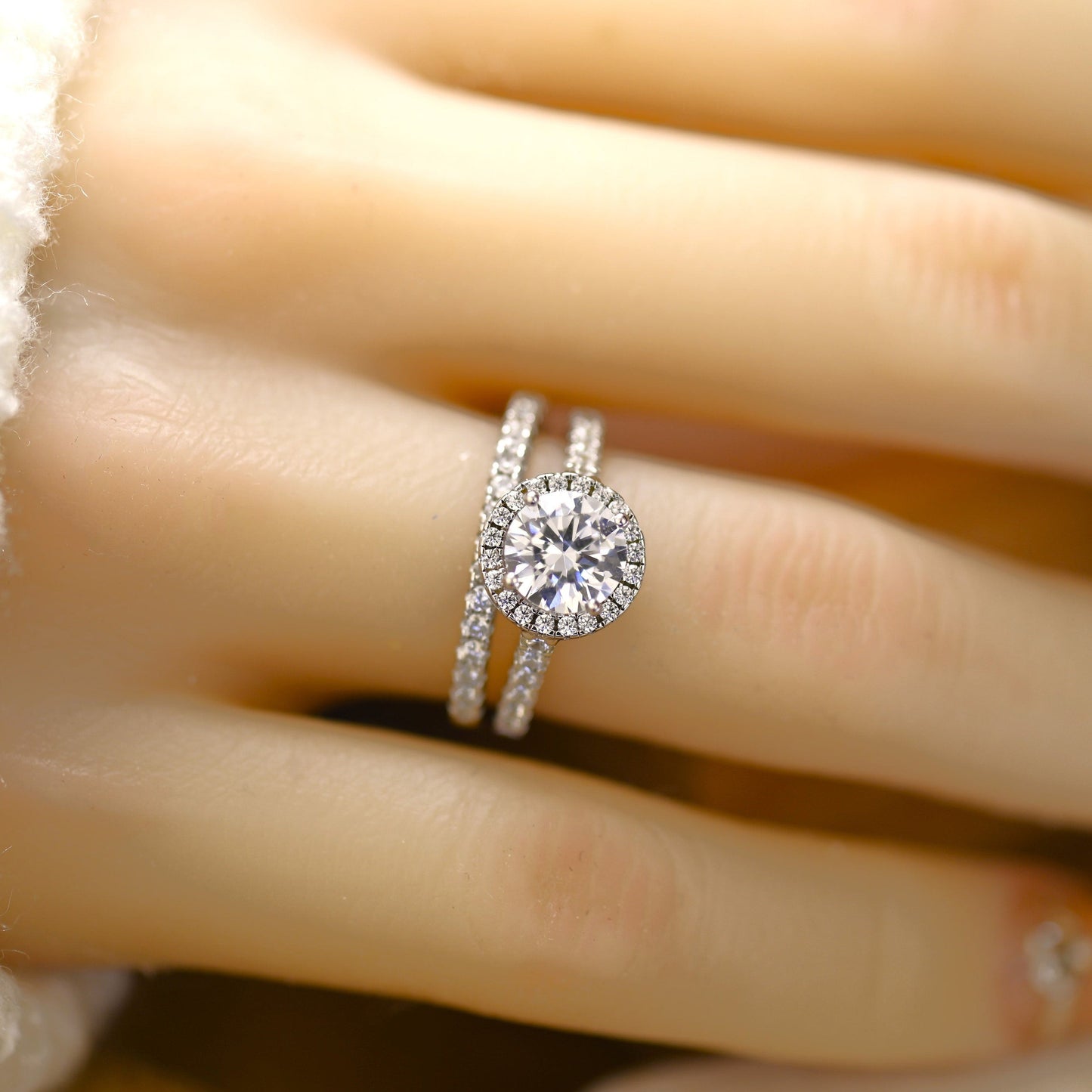Halo Bridal Ring Set with 1.50 CT Round Cut Moissanite