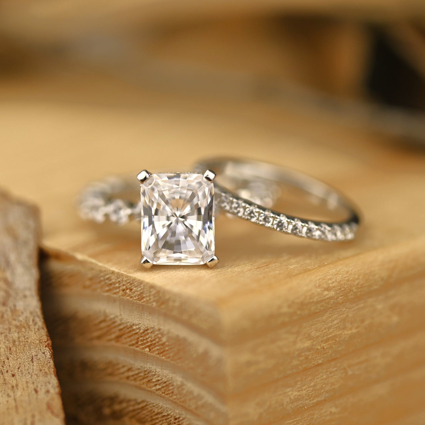 Pave Setting Bridal Ring Set with 3.0 CT Radiant Cut Moissanite