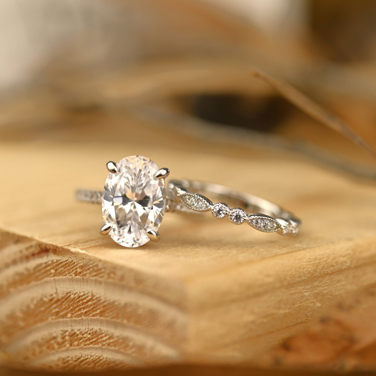 Pave Setting Bridal Ring Set with 2.0 CT Oval Cut Moissanite