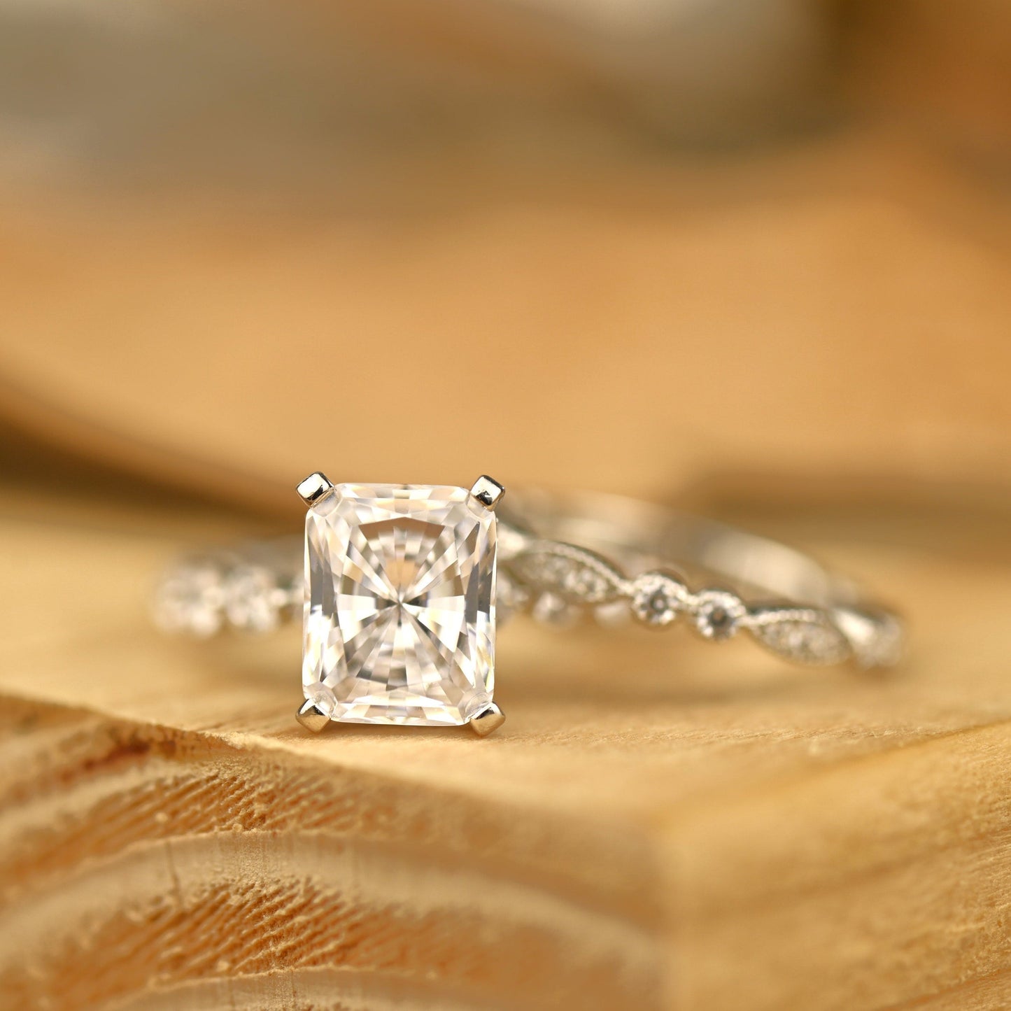 Pave Setting Bridal Ring Set with 1.50 CT Radiant Cut Moissanite