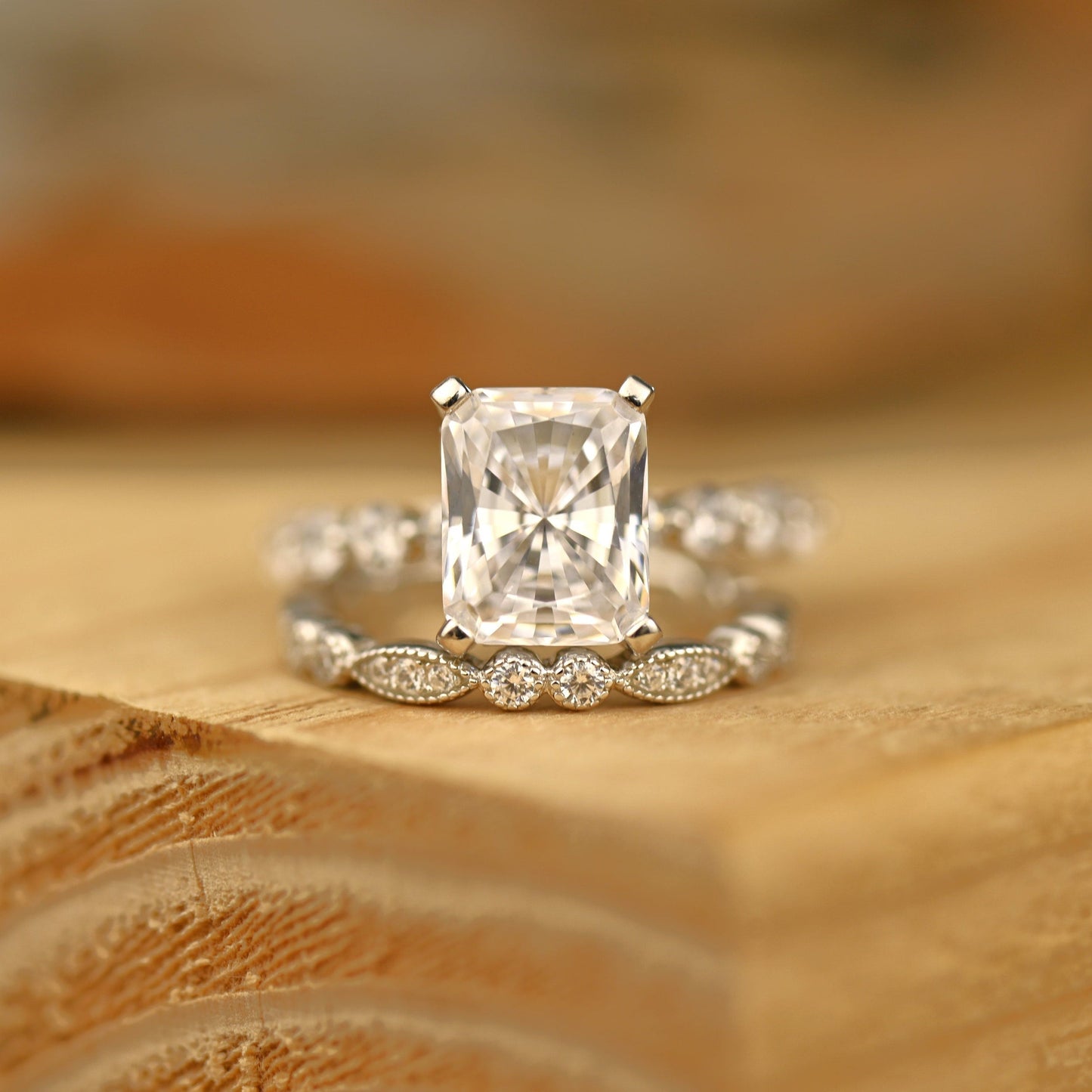 Pave Setting Bridal Ring Set with 1.50 CT Radiant Cut Moissanite