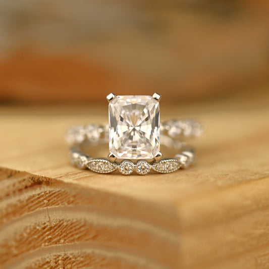 Pave Setting Bridal Ring Set with 1.50 CT Radiant Cut Moissanite