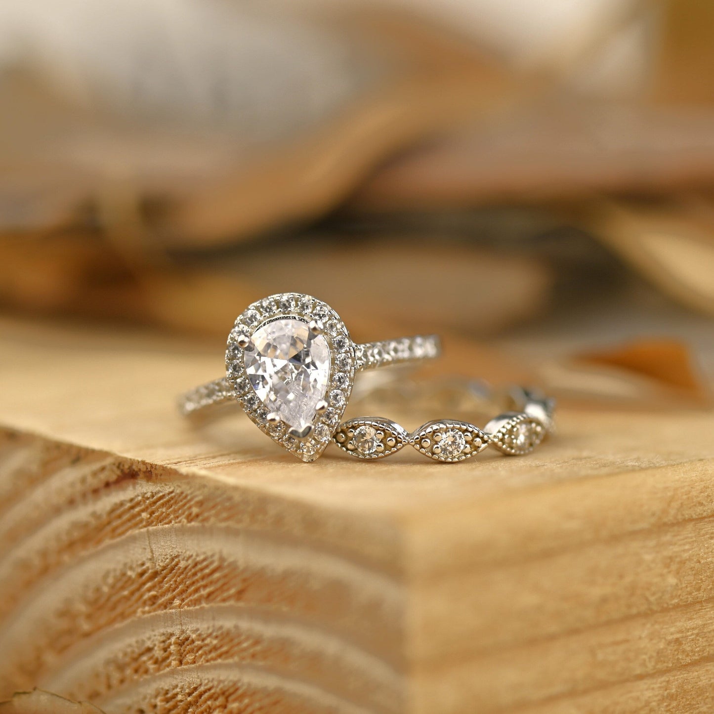 Halo Bridal Ring Set with 1.0 CT Pear Cut Moissanite