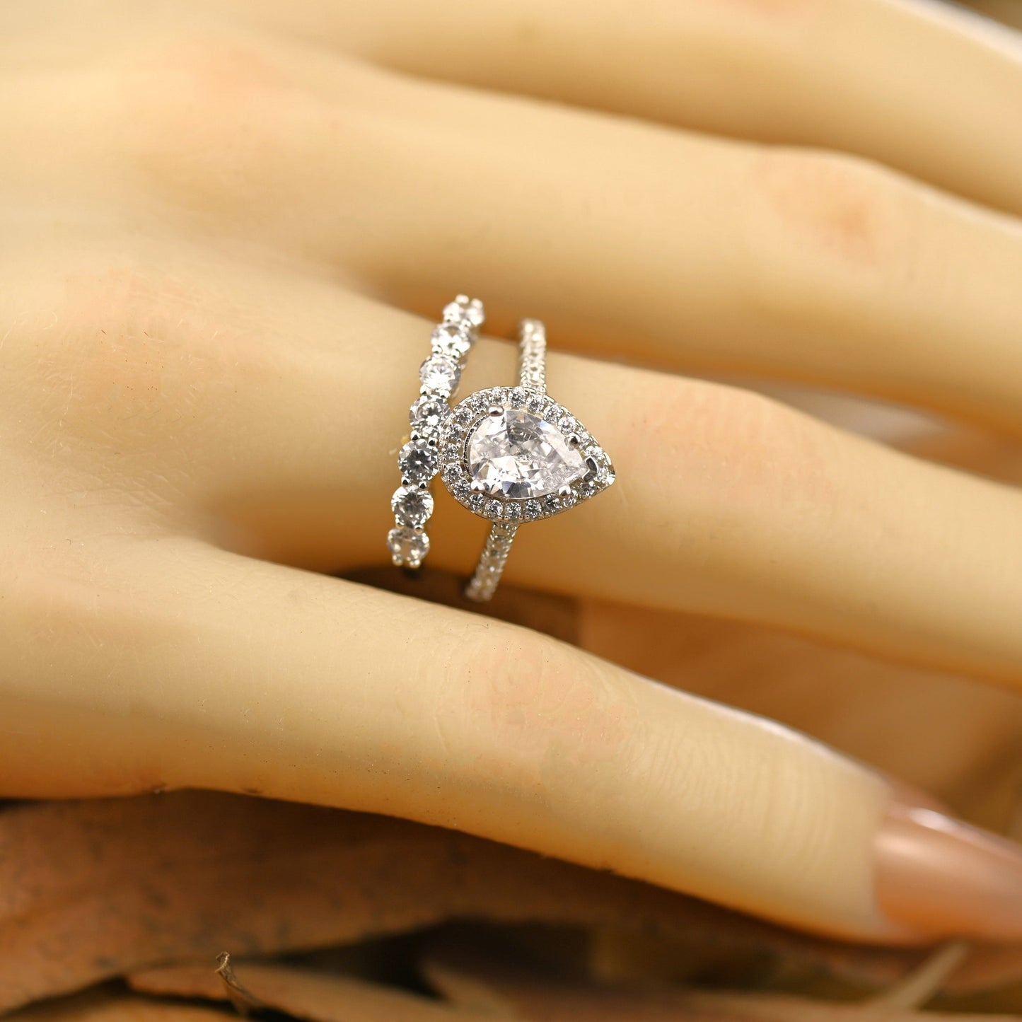 Halo Bridal Ring Set with 1.0 CT Pear Cut Moissanite