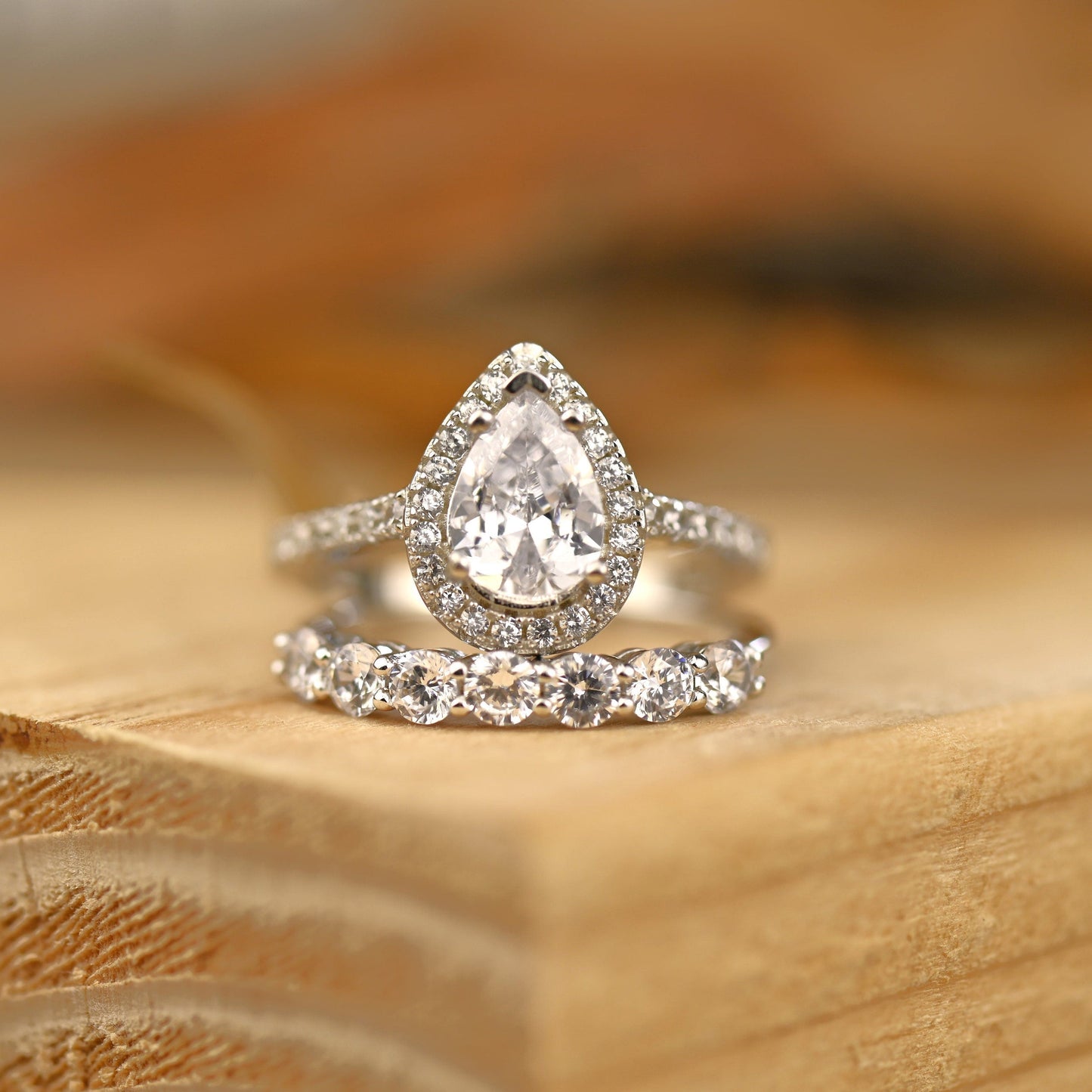 Halo Bridal Ring Set with 1.0 CT Pear Cut Moissanite