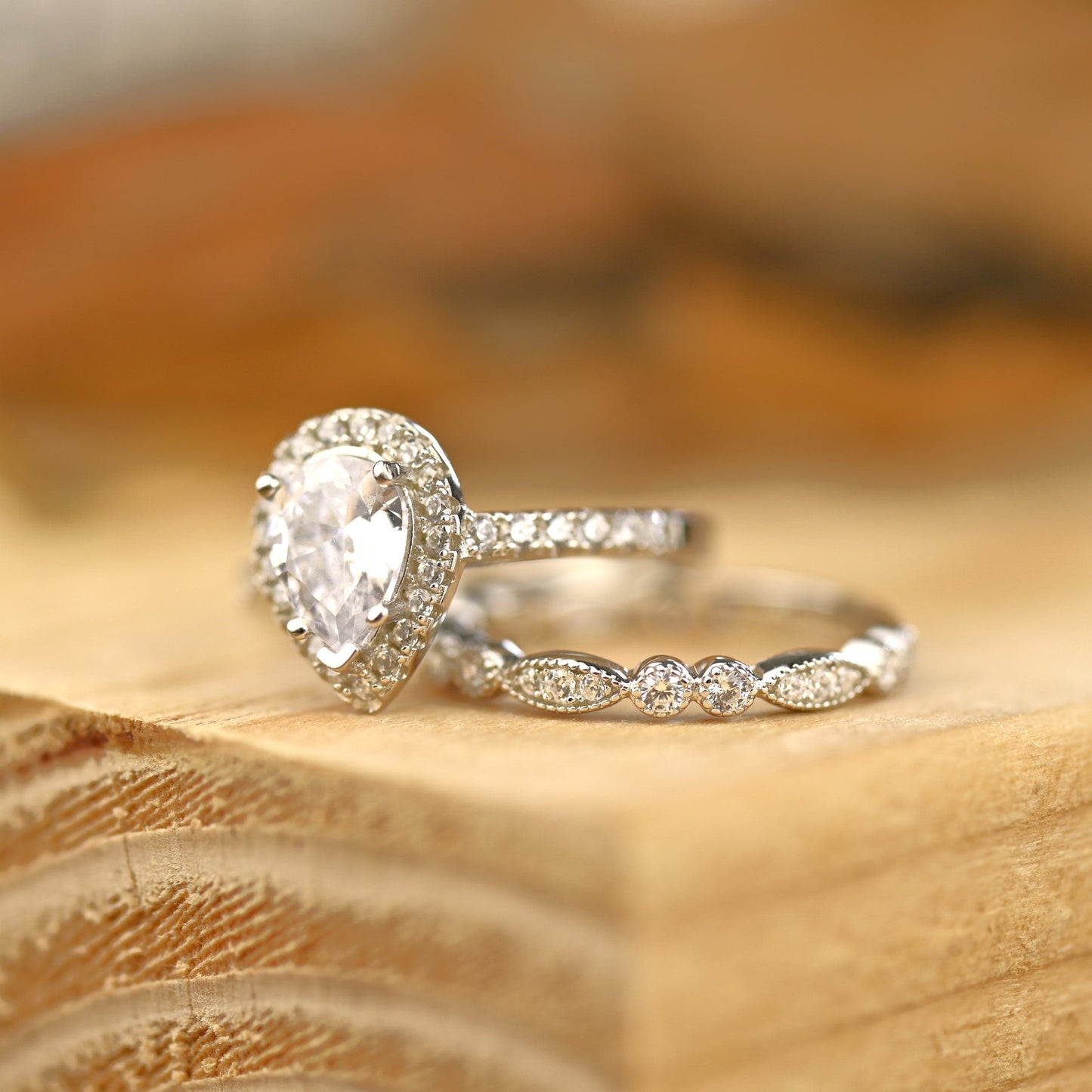 Halo Bridal Ring Set with 2.0 CT Pear Cut Moissanite