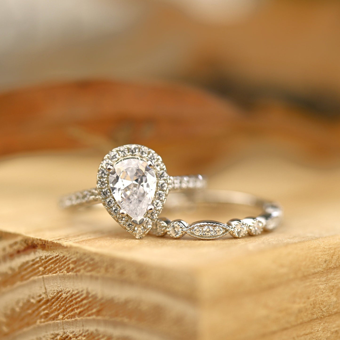 Halo Bridal Ring Set with 2.0 CT Pear Cut Moissanite