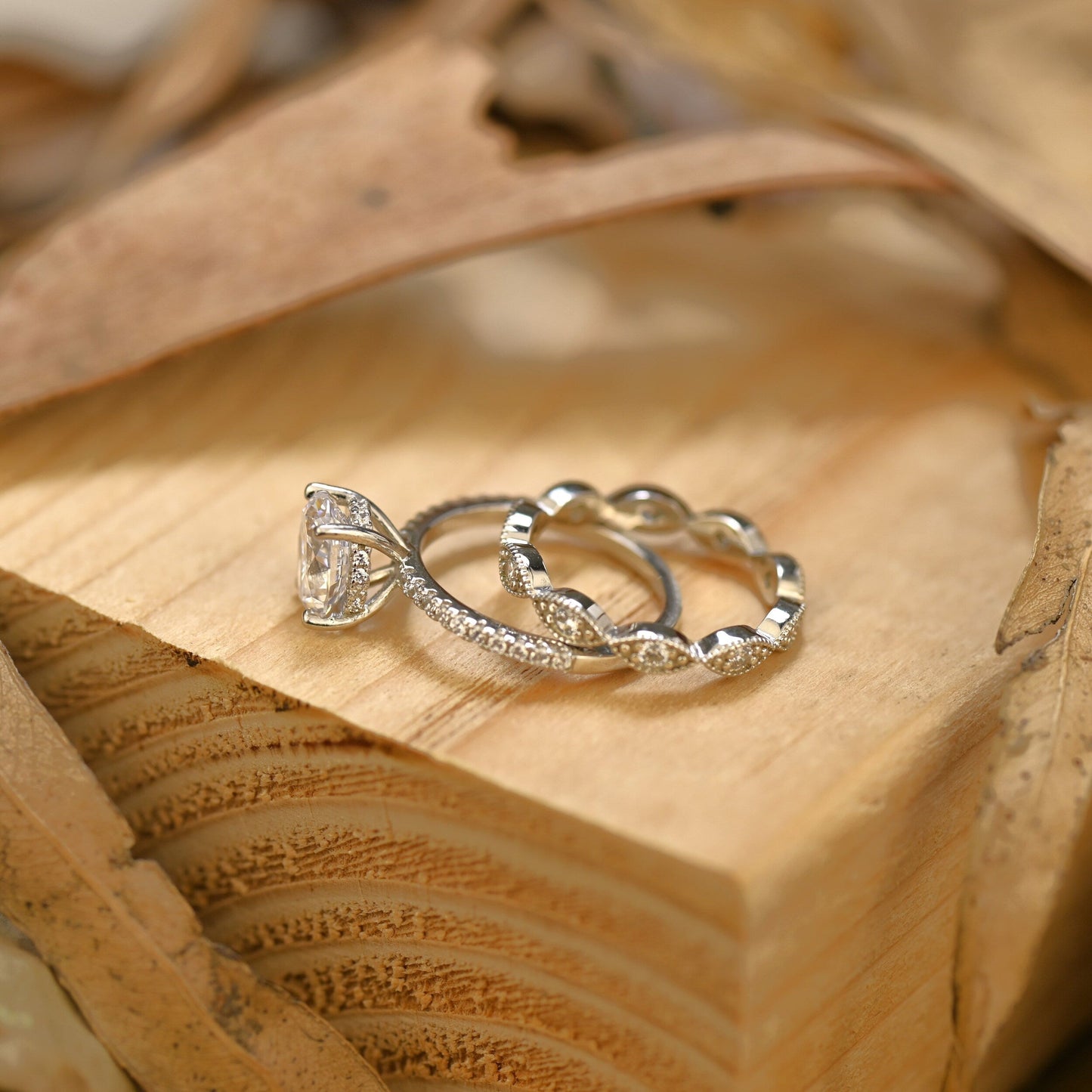 Pave Setting Bridal Ring Set with 1.50 CT Oval Cut Moissanite