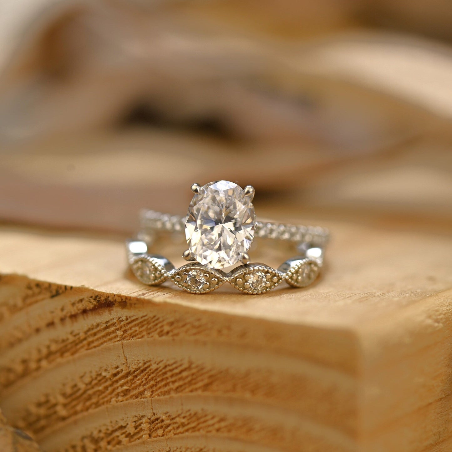 Pave Setting Bridal Ring Set with 1.50 CT Oval Cut Moissanite
