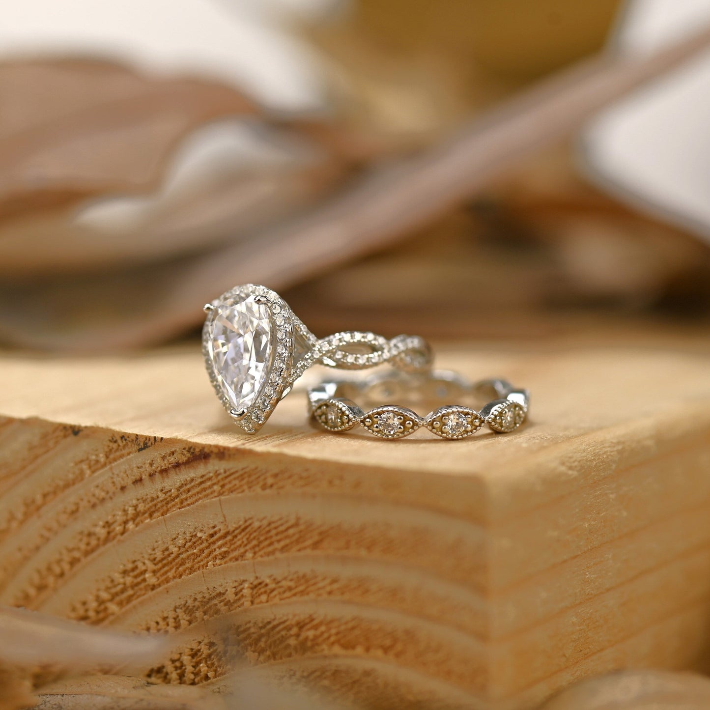 Halo Bridal Ring Set with 1.50 CT Pear Cut Moissanite