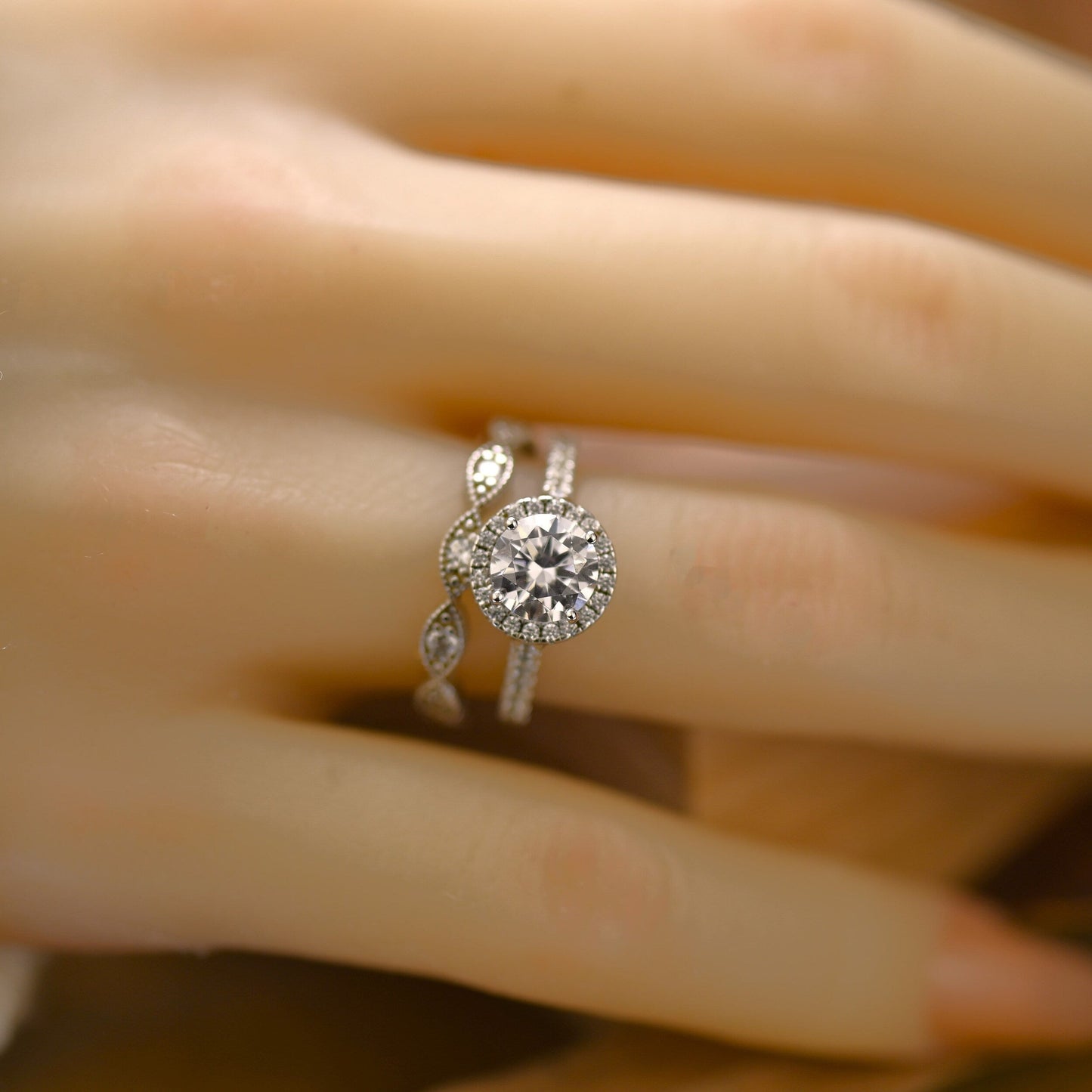 Halo Bridal Ring Set with 2.0 CT Round Cut Moissanite